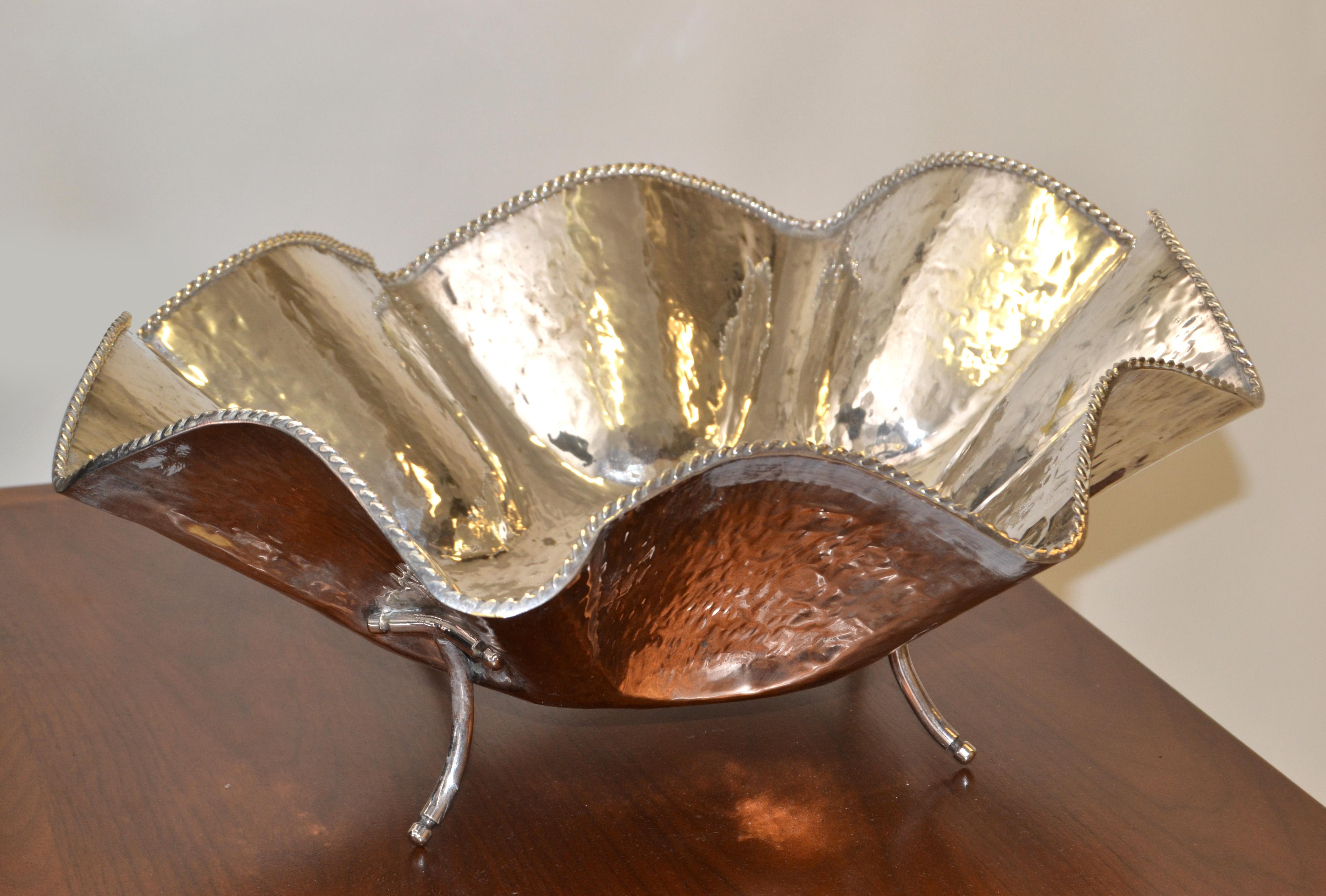 Hollywood Regency Large Hand Hammered Footed Silver-Plated Lotus Leaf Bowl, 1970 6