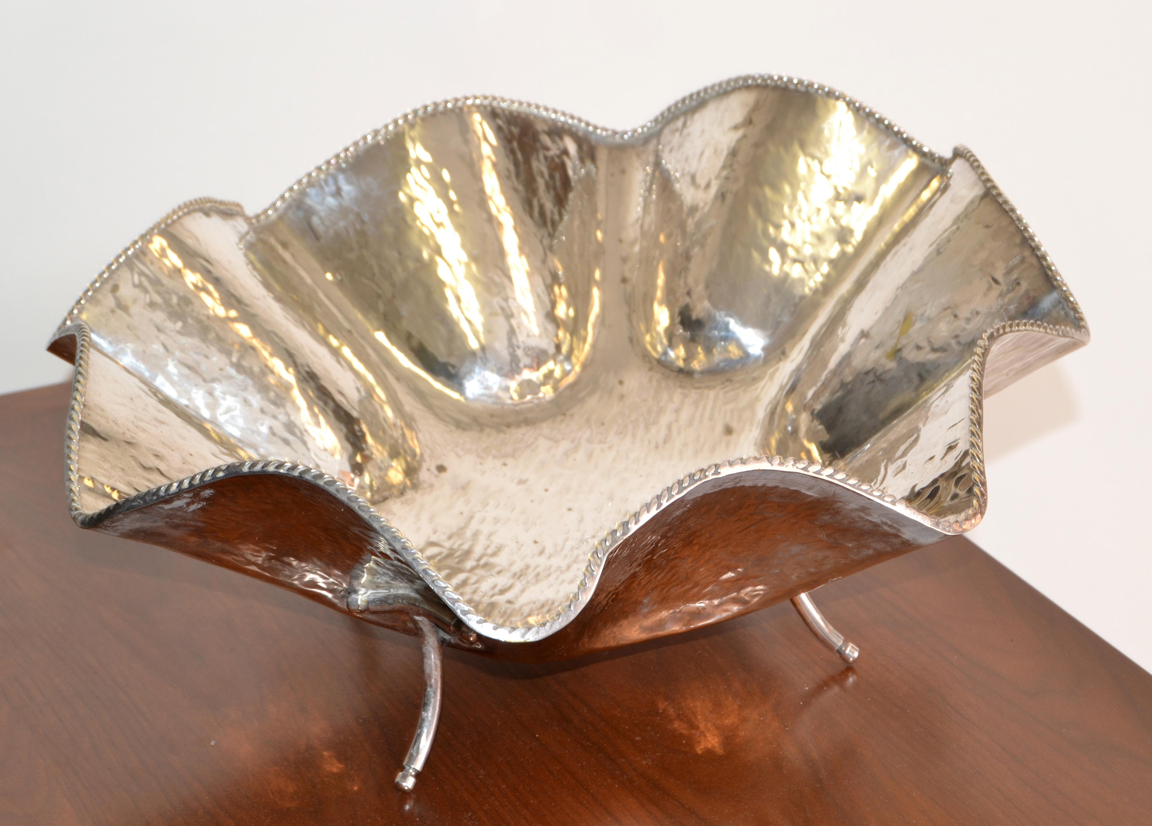 American Hollywood Regency Large Hand Hammered Footed Silver-Plated Lotus Leaf Bowl, 1970