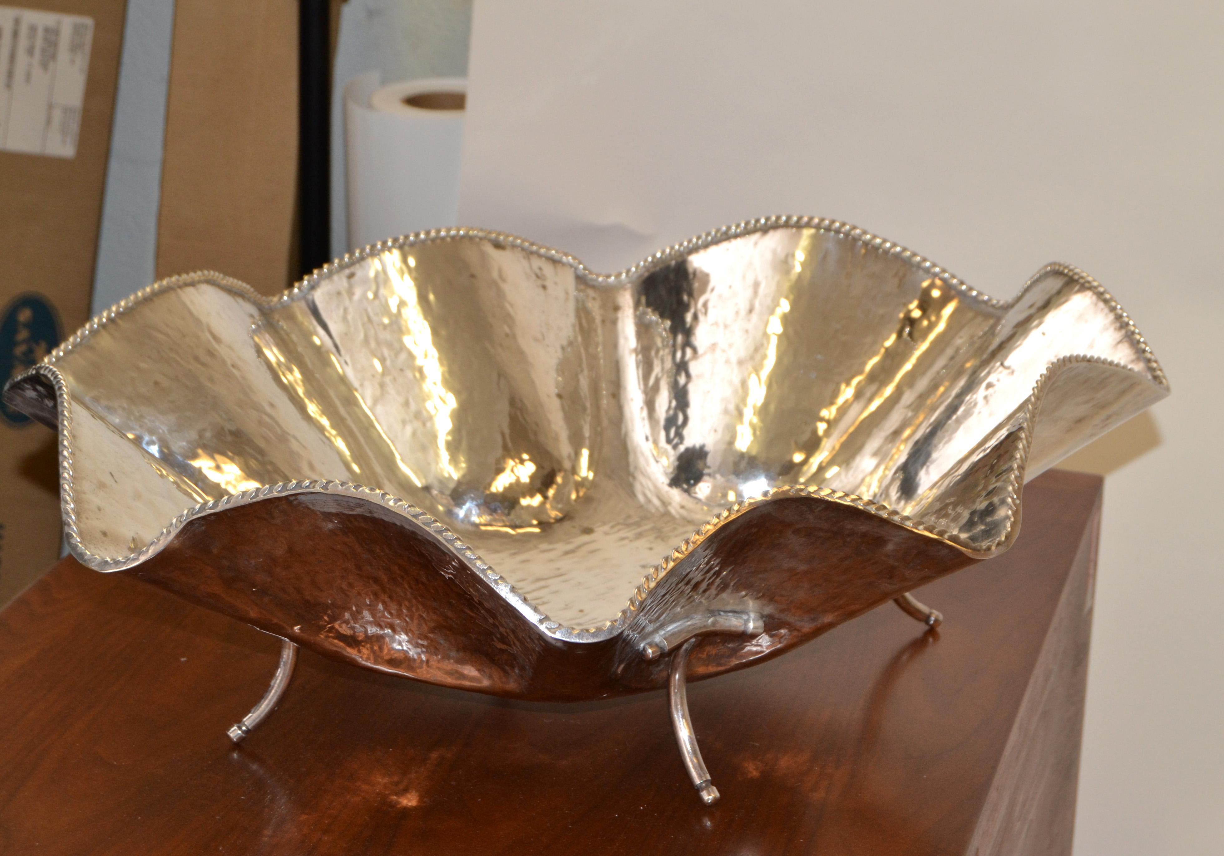 Hand-Crafted Hollywood Regency Large Hand Hammered Footed Silver-Plated Lotus Leaf Bowl, 1970