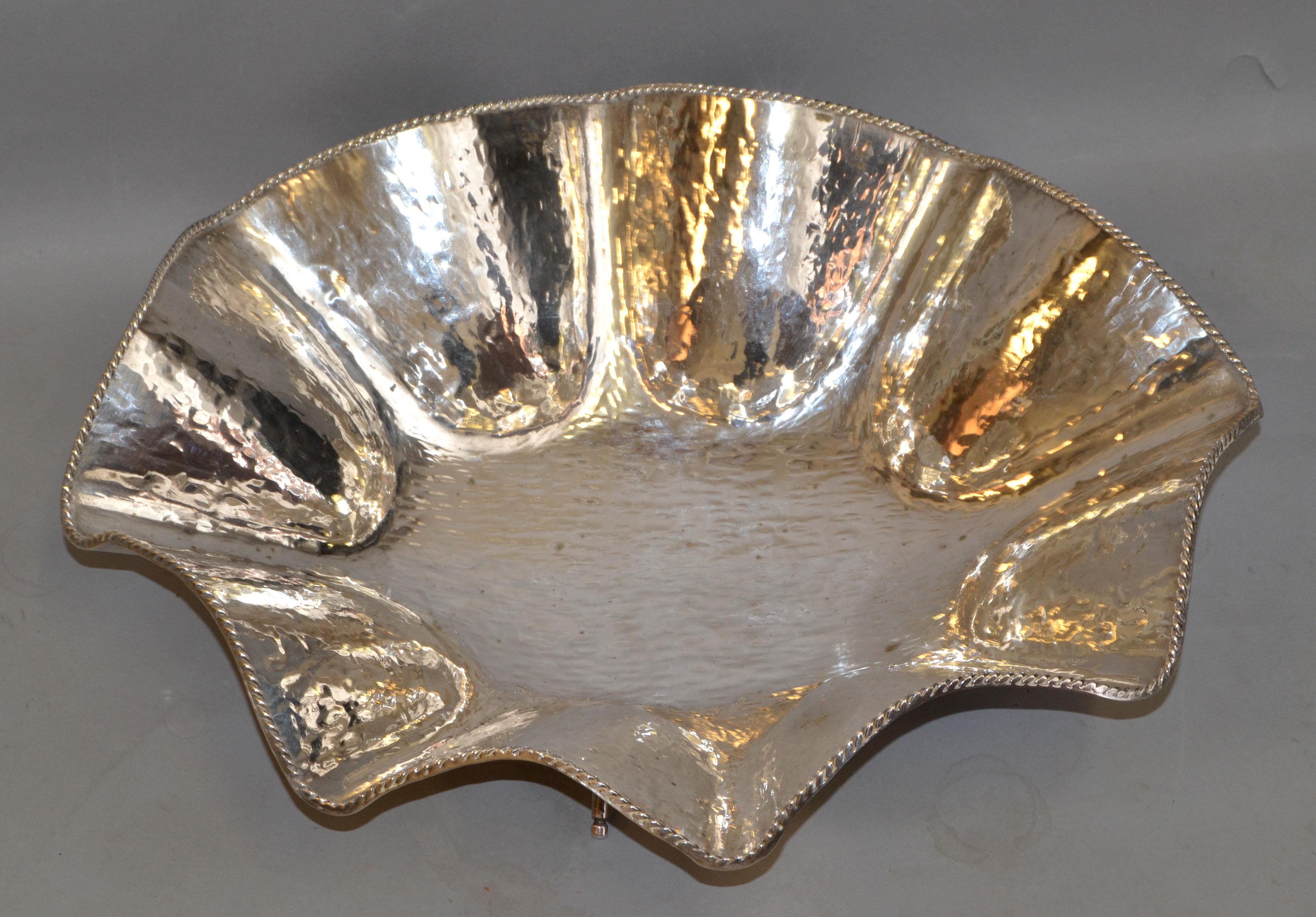 20th Century Hollywood Regency Large Hand Hammered Footed Silver-Plated Lotus Leaf Bowl, 1970