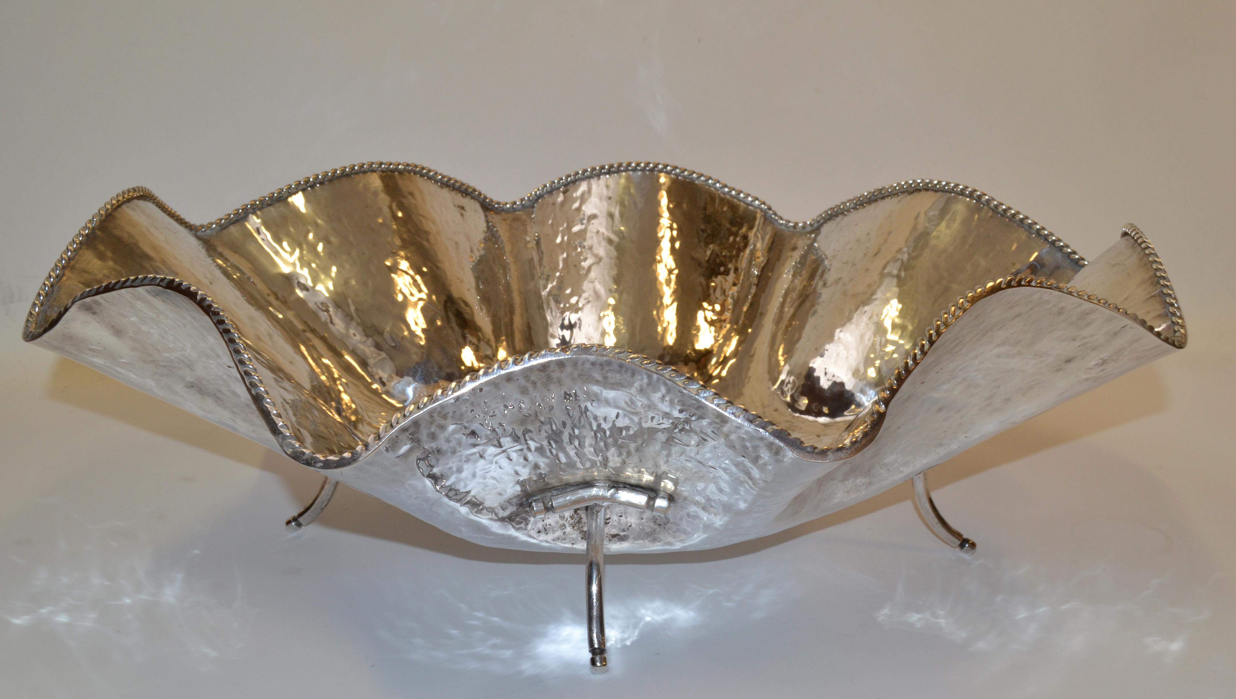 Silver Plate Hollywood Regency Large Hand Hammered Footed Silver-Plated Lotus Leaf Bowl, 1970
