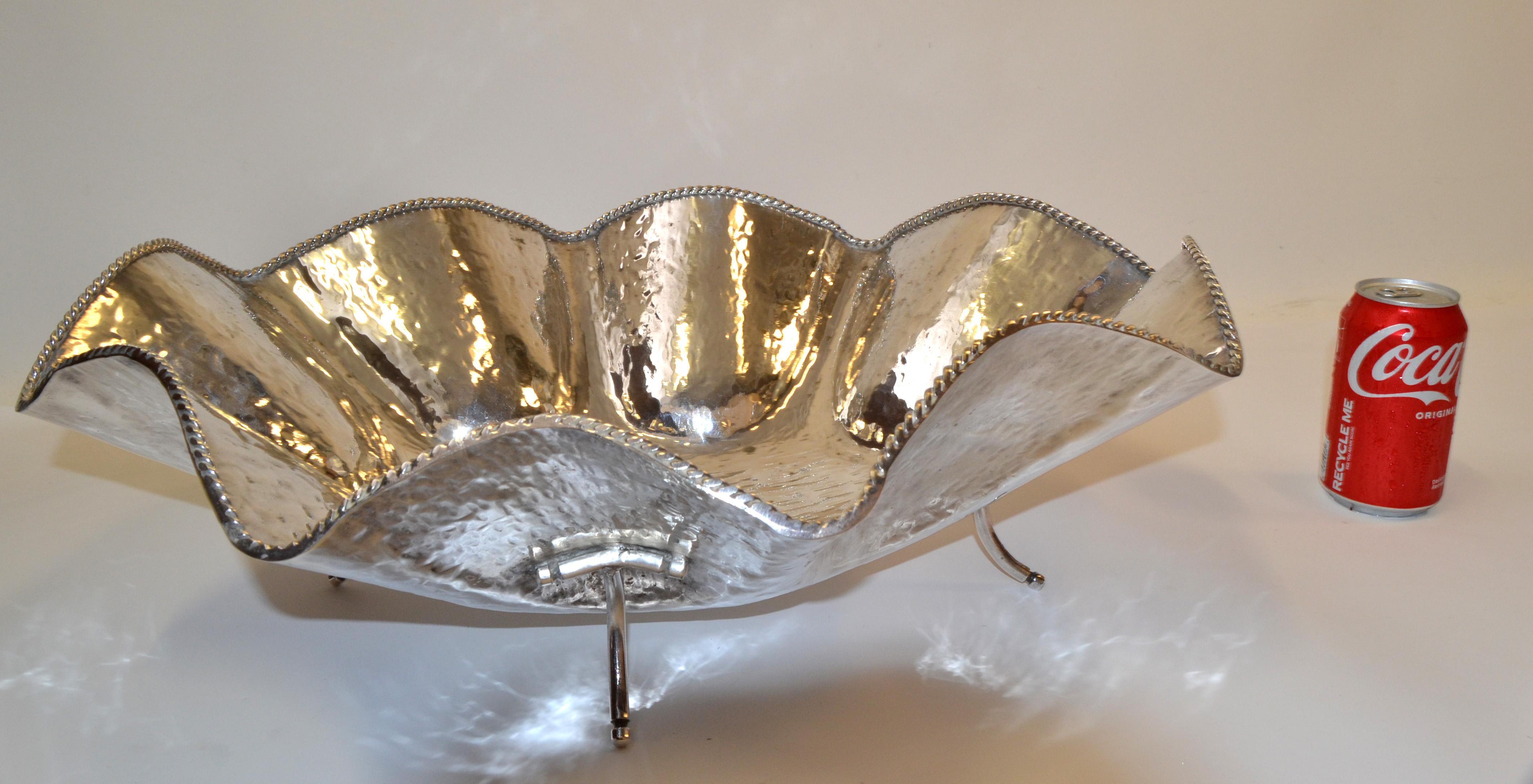 Hollywood Regency Large Hand Hammered Footed Silver-Plated Lotus Leaf Bowl, 1970 1