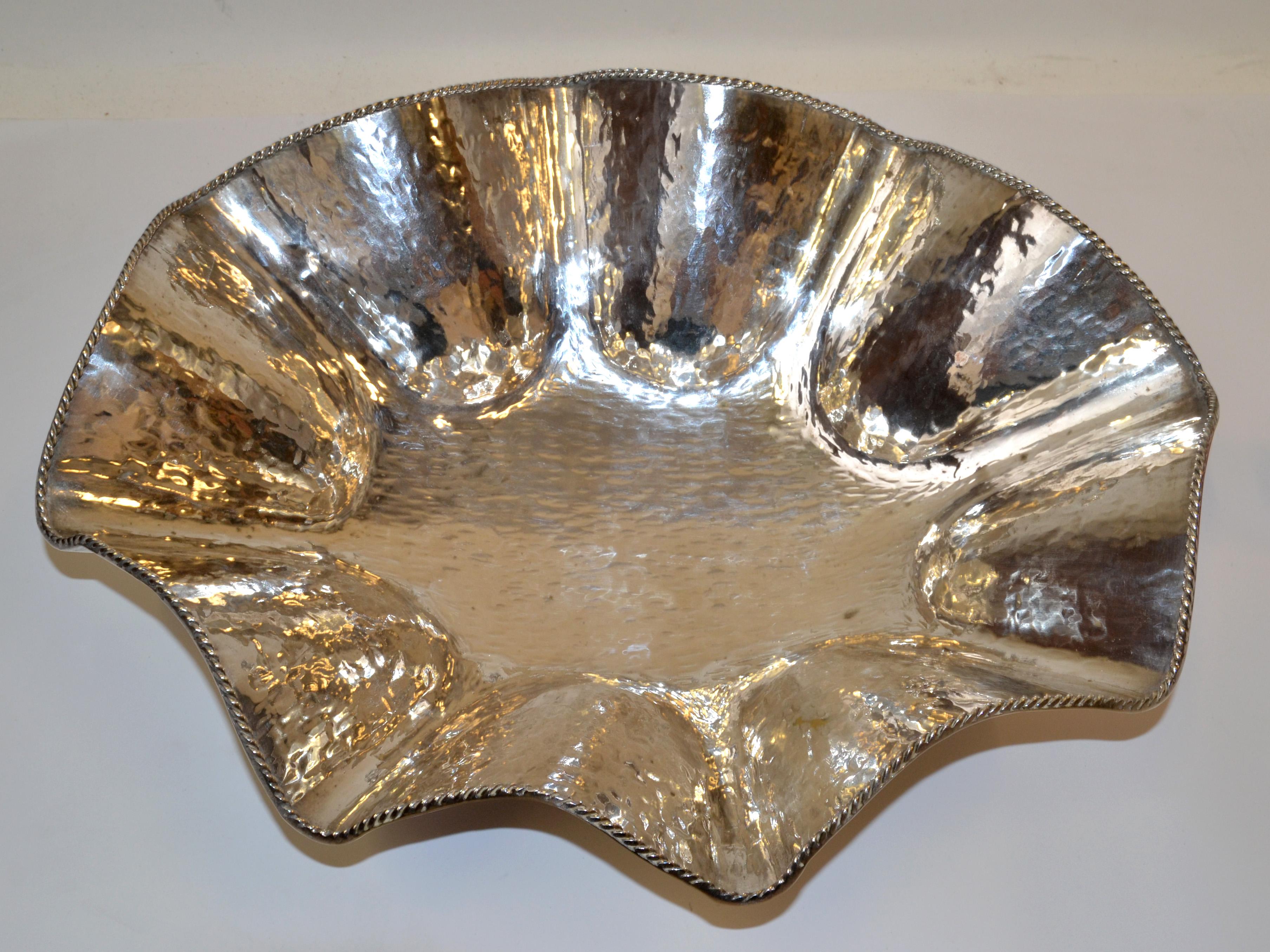 Hollywood Regency Large Hand Hammered Footed Silver-Plated Lotus Leaf Bowl, 1970 2