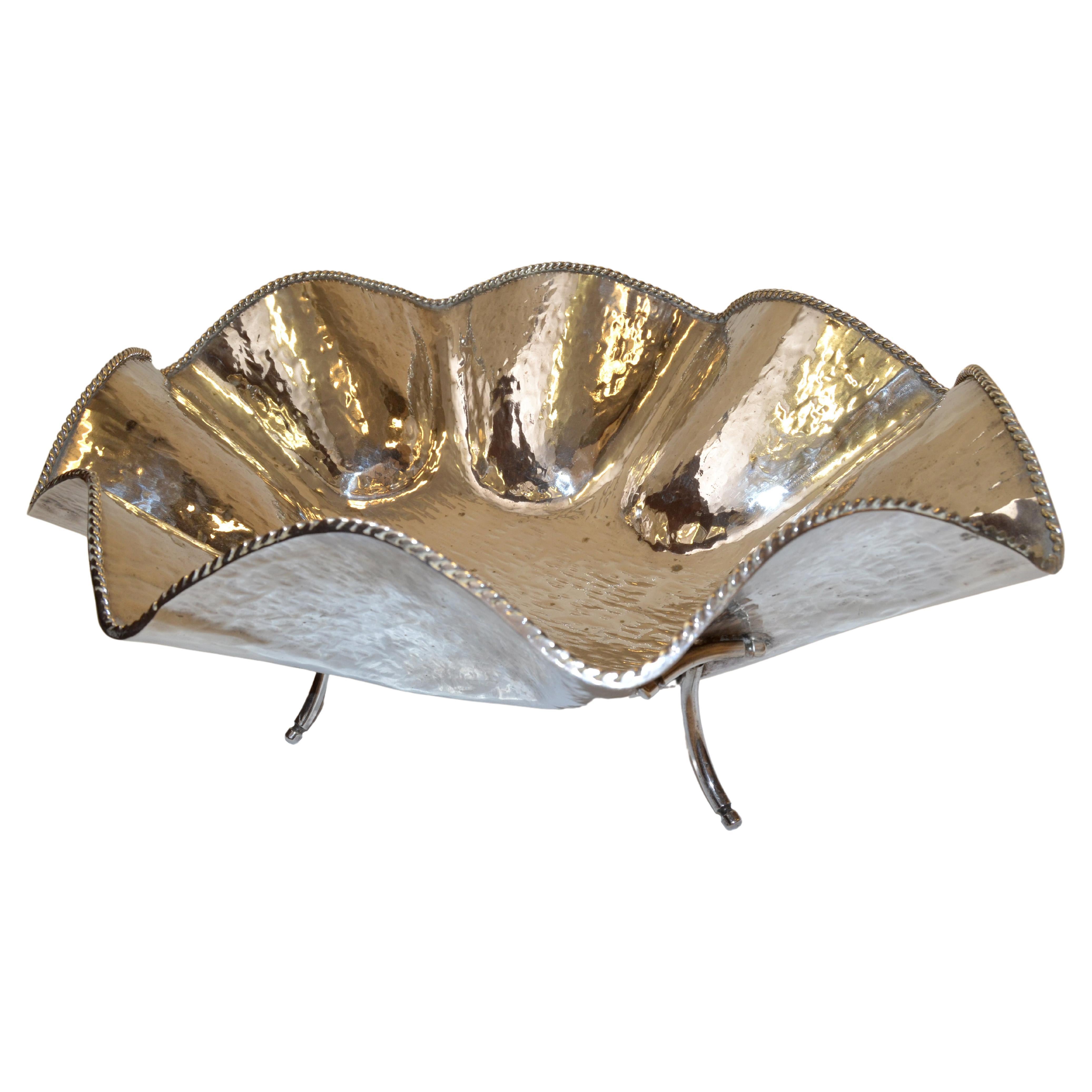 Hollywood Regency Large Hand Hammered Footed Silver-Plated Lotus Leaf Bowl, 1970