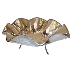 Hollywood Regency Large Hand Hammered Footed Silver-Plated Lotus Leaf Bowl, 1970