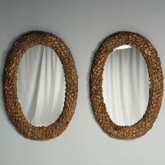 Hollywood Regency, Large Oval Wall Mirrors, Carved Giltwood, Leaf Motif, 21st C.