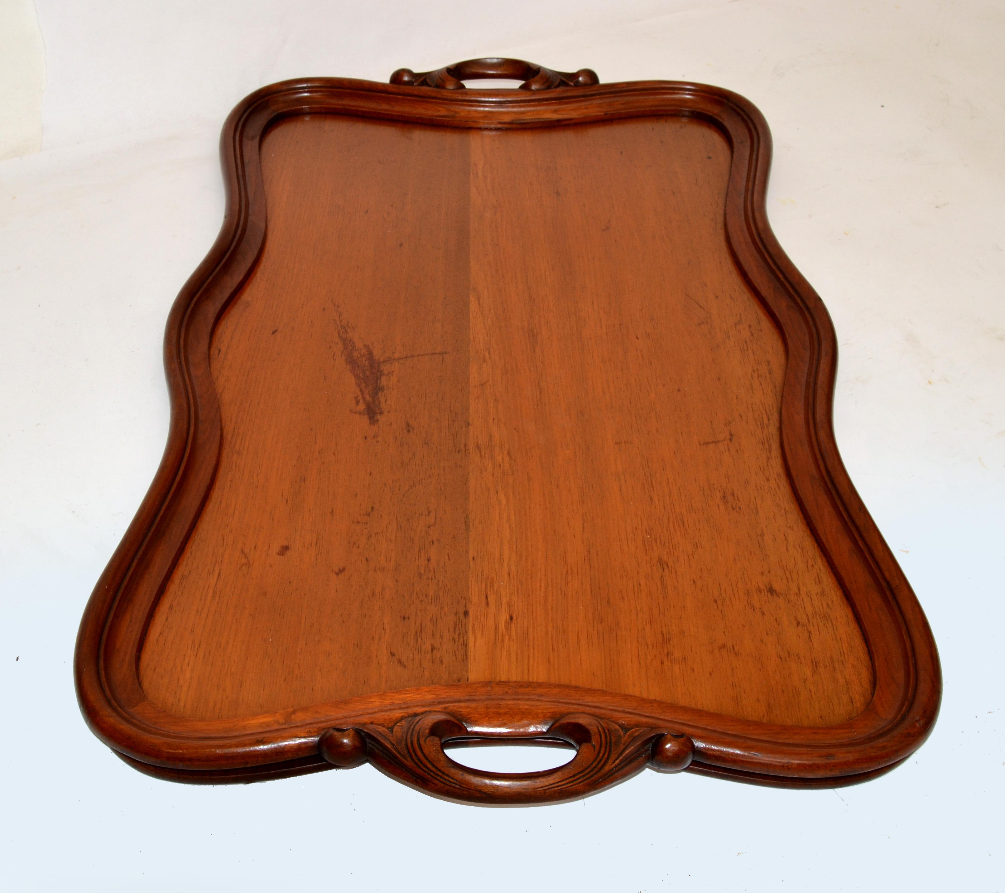 American Hollywood Regency Large Rustic Hand Carved Solid Wood Serving Tray Platter, 1975 For Sale