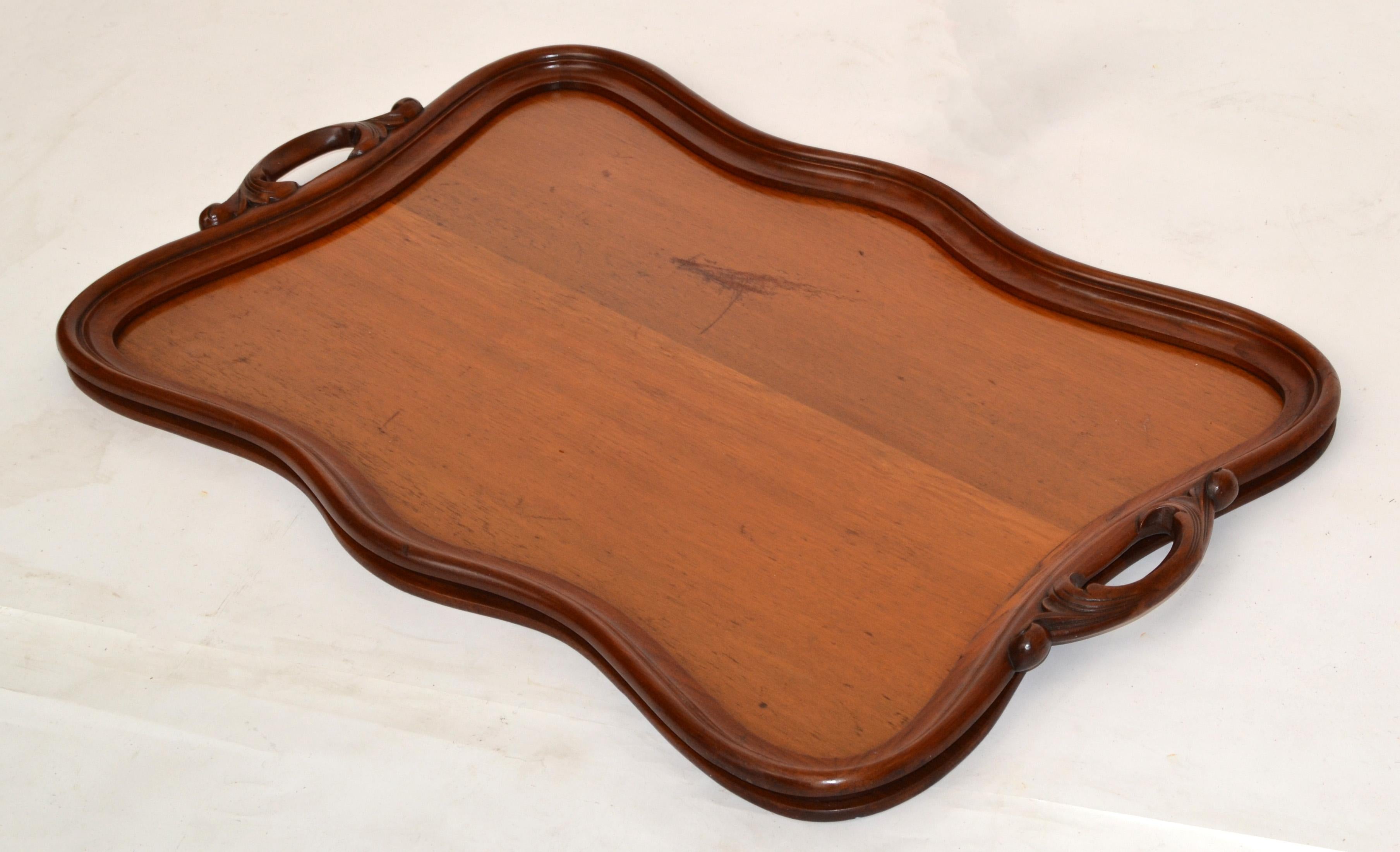 Hand-Carved Hollywood Regency Large Rustic Hand Carved Solid Wood Serving Tray Platter, 1975 For Sale
