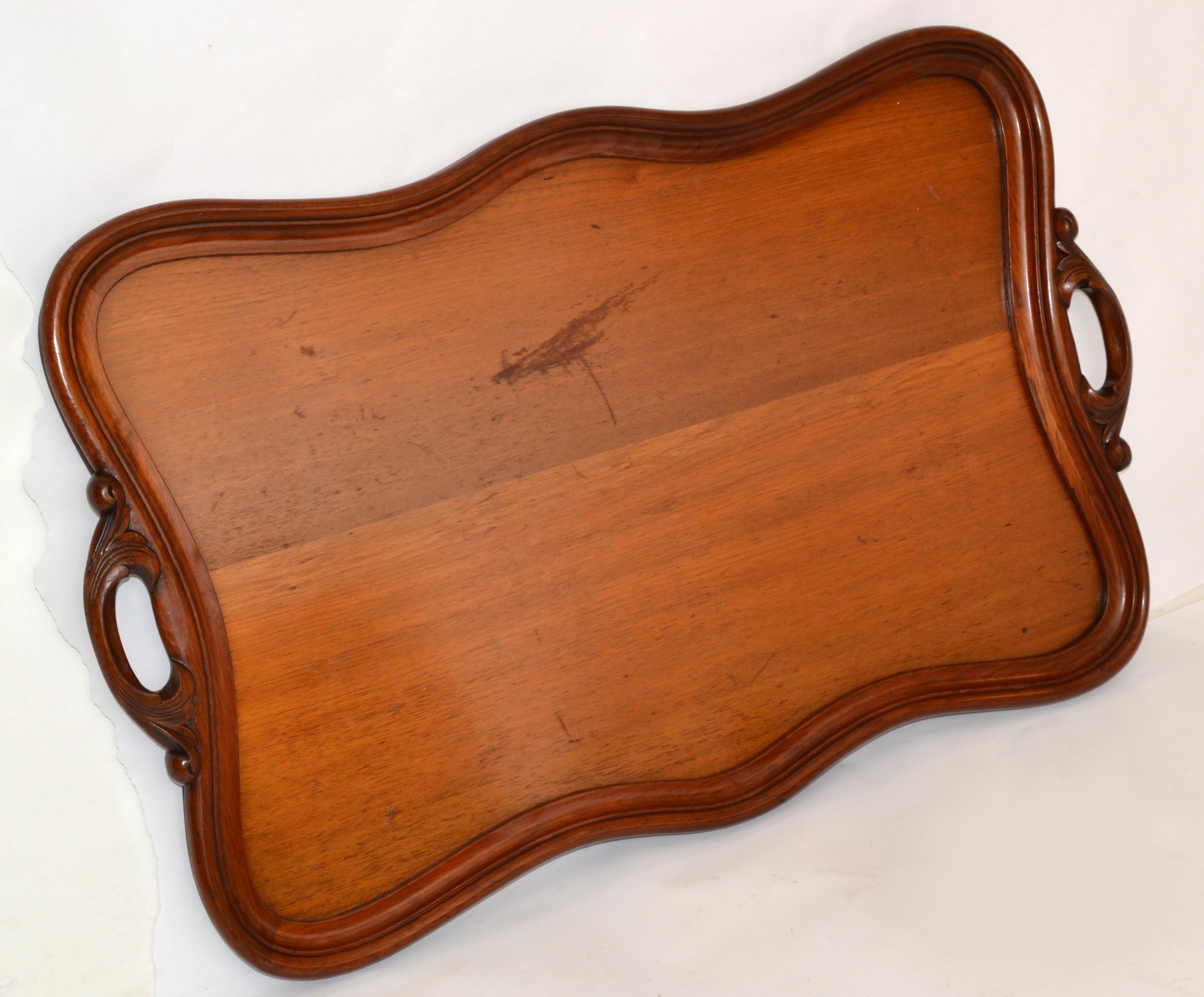 Hollywood Regency Large Rustic Hand Carved Solid Wood Serving Tray Platter, 1975 For Sale 2