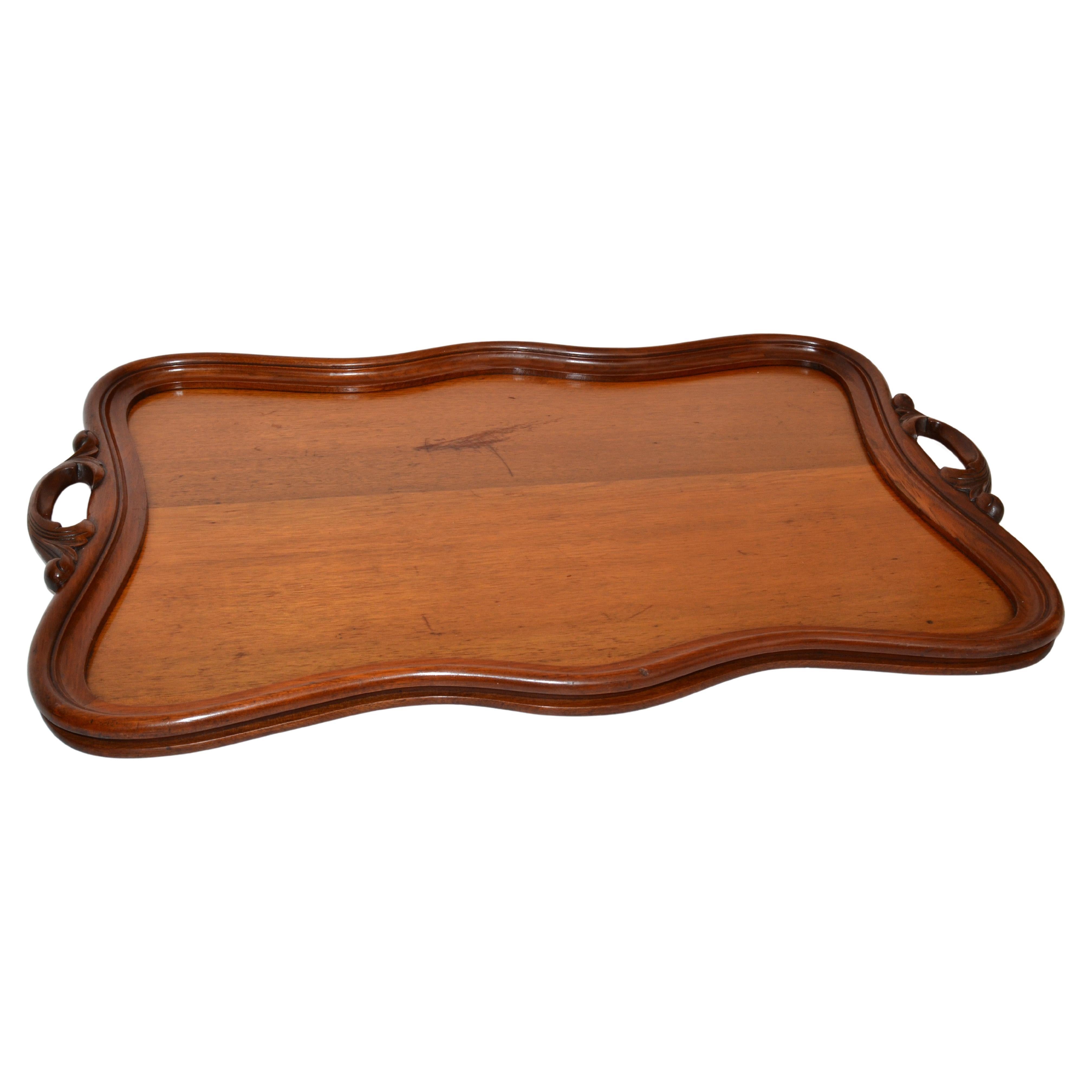 Hollywood Regency Large Rustic Hand Carved Solid Wood Serving Tray Platter, 1975 For Sale