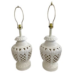Hollywood Regency Large Scale Glazed White Ceramic Table Lamps, a Pair