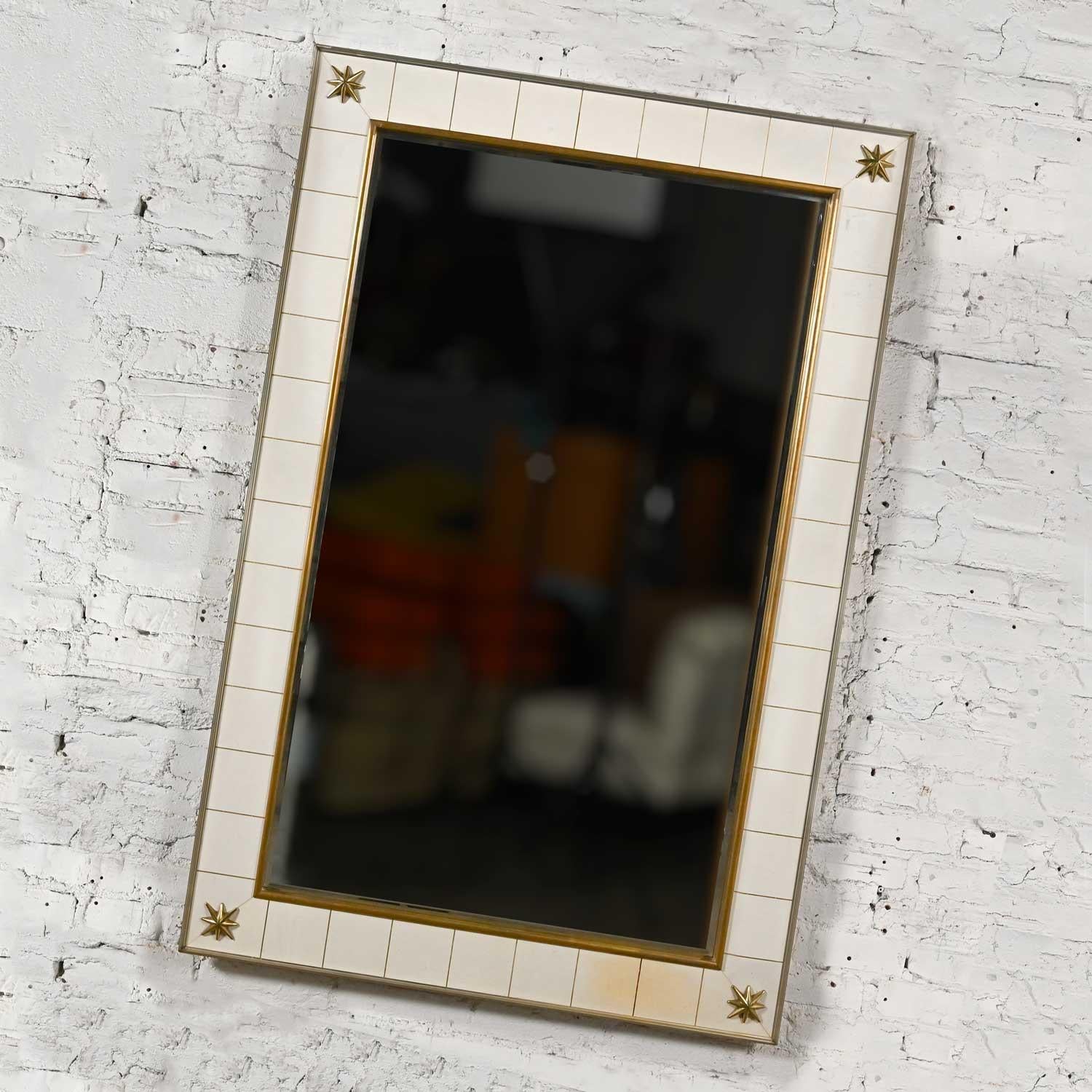 Awesome vintage Hollywood Regency Art Deco large scale white leather mirror by Renzo Rutili for Johnson Furniture. Beautiful condition, keeping in mind that this is vintage and not new so will have signs of use and wear. We have reconditioned the