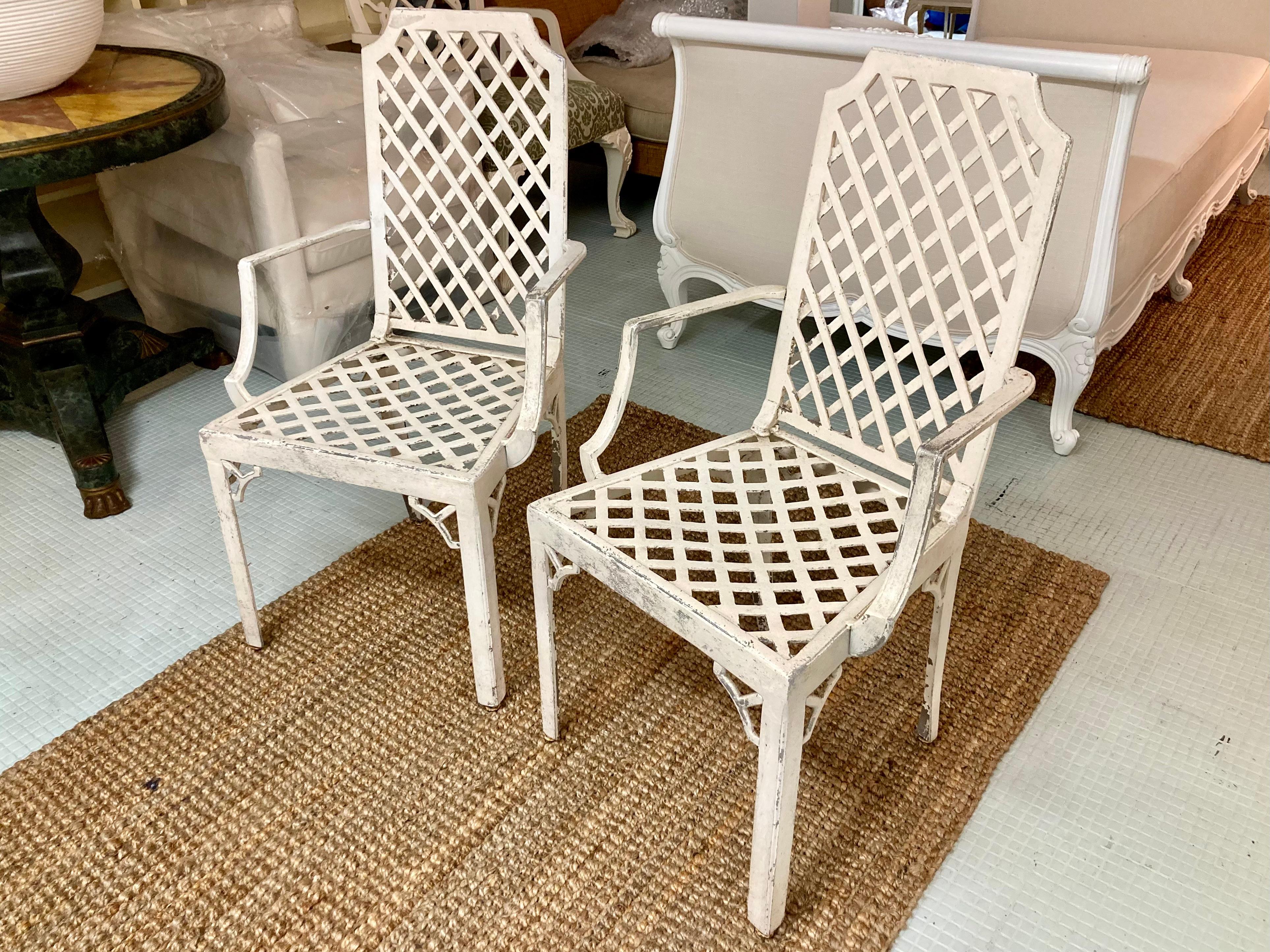 American Hollywood Regency Lattice Pattern Patio Arm Chairs in Original Finish, a Pair For Sale