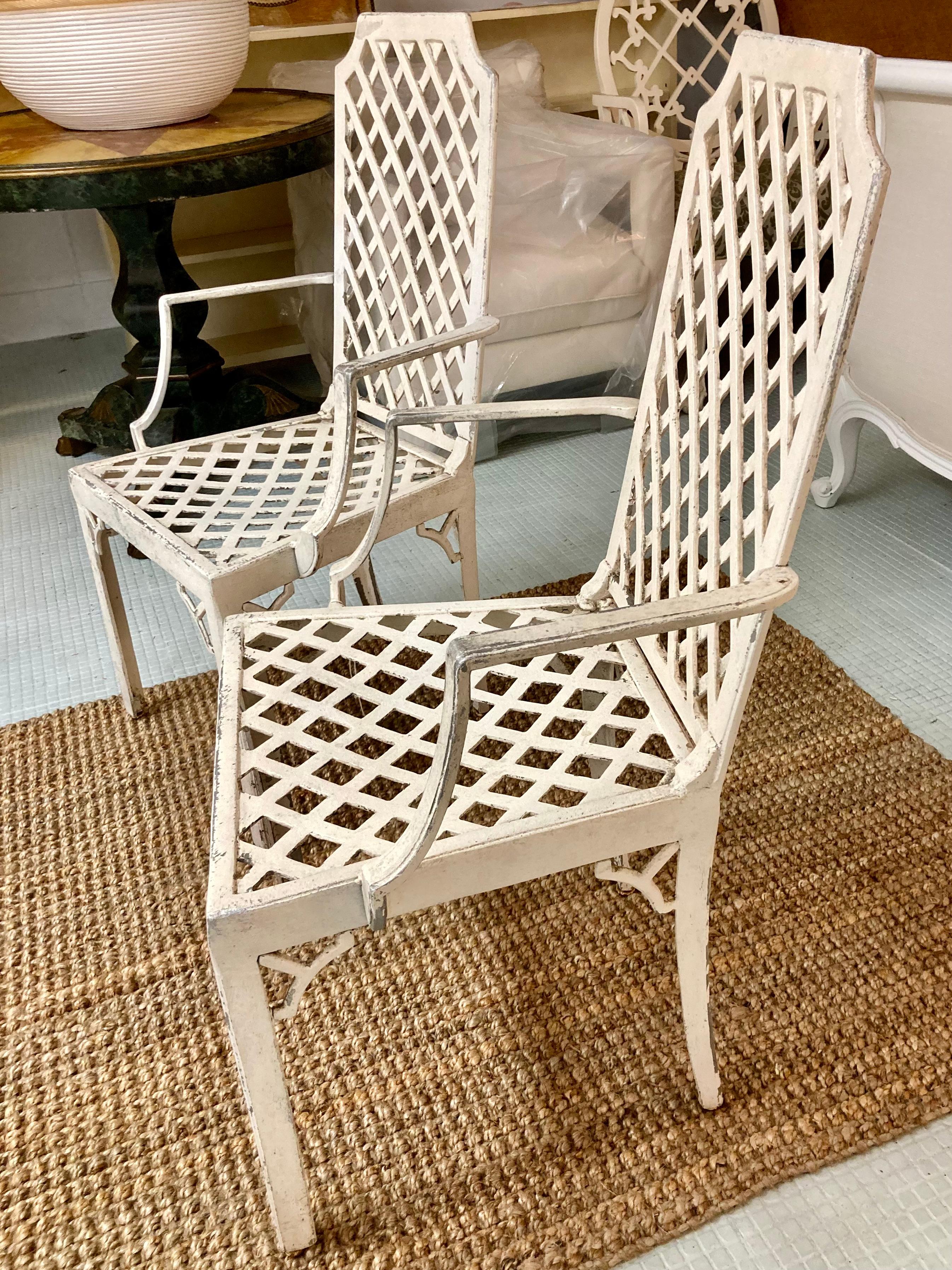 Hollywood Regency Lattice Pattern Patio Arm Chairs in Original Finish, a Pair In Good Condition For Sale In Los Angeles, CA