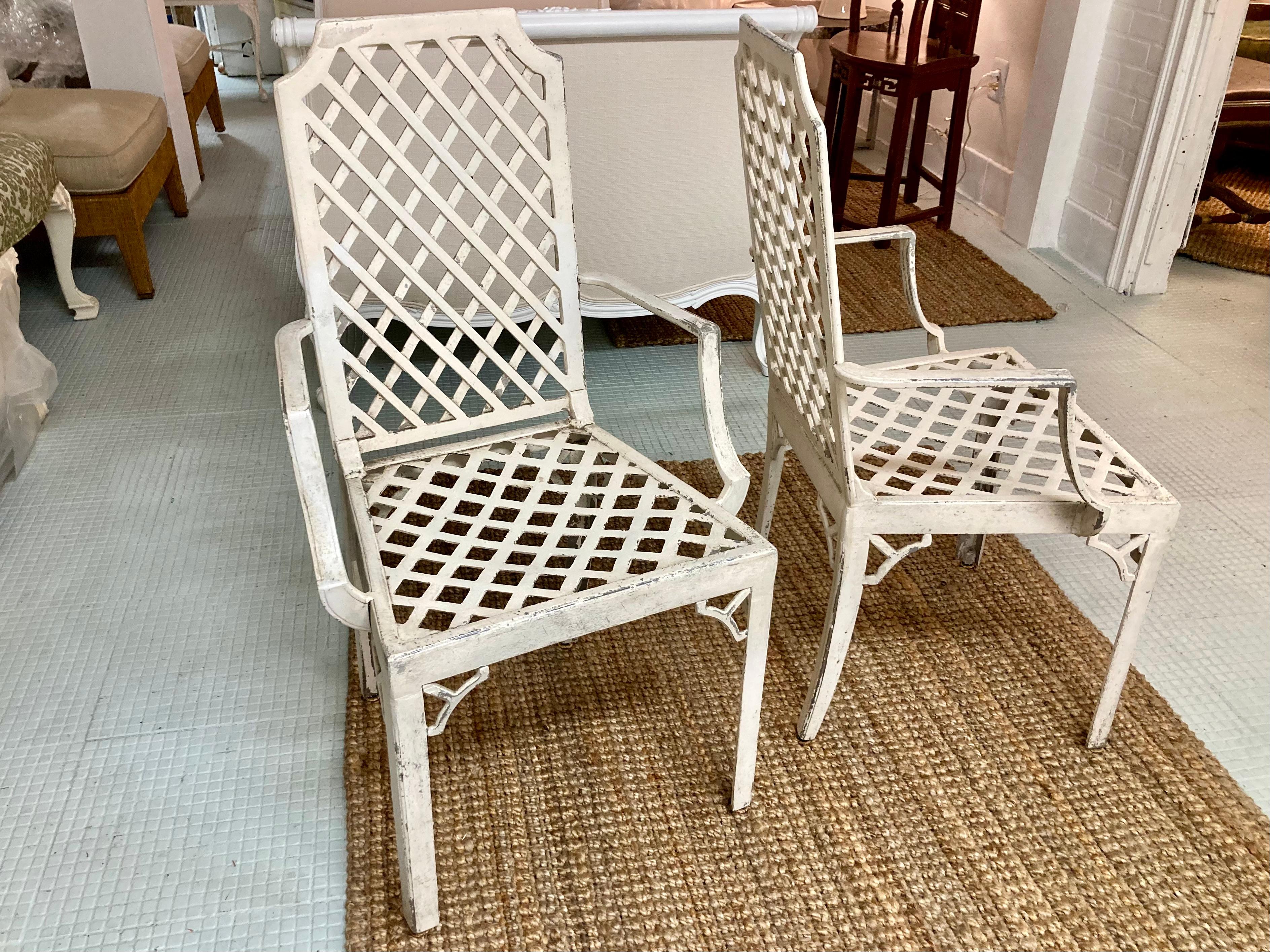Mid-20th Century Hollywood Regency Lattice Pattern Patio Arm Chairs in Original Finish, a Pair For Sale
