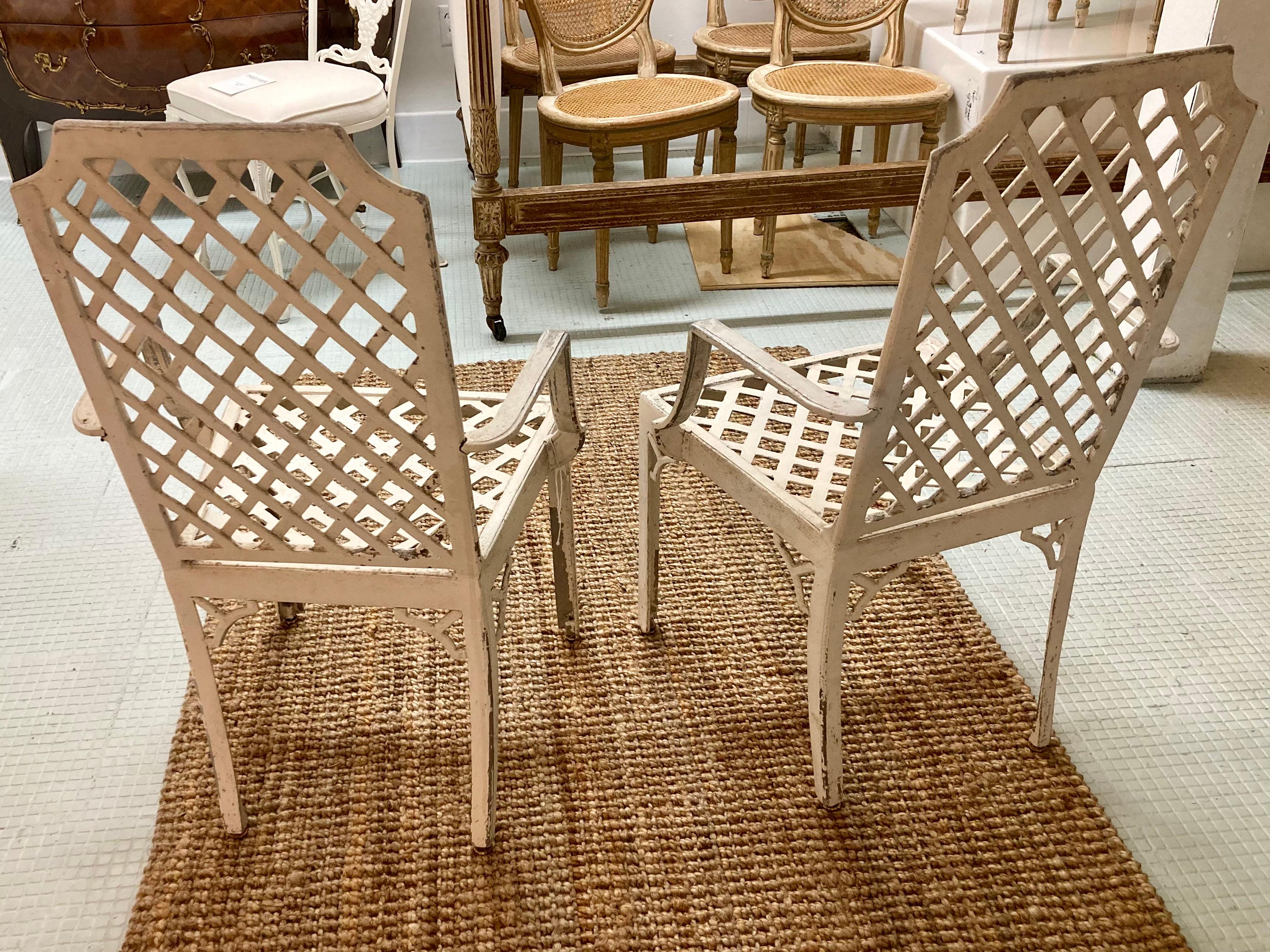 Wood Hollywood Regency Lattice Pattern Patio Arm Chairs in Original Finish, a Pair For Sale