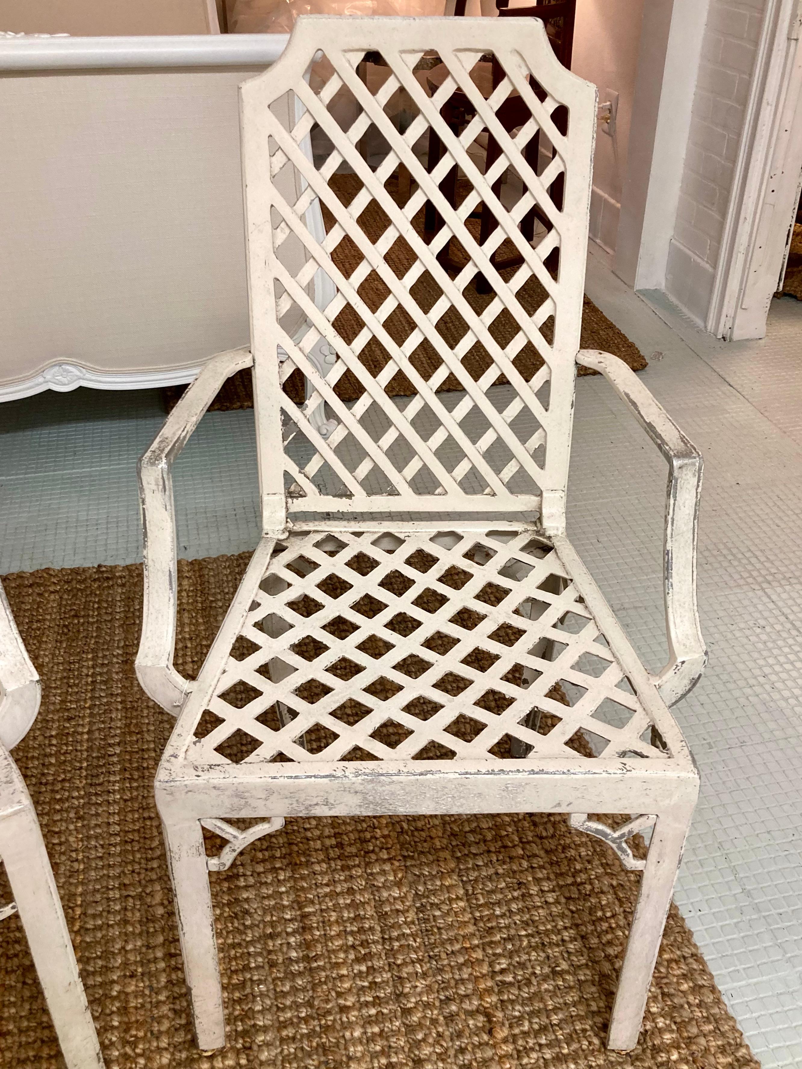 Hollywood Regency Lattice Pattern Patio Arm Chairs in Original Finish, a Pair For Sale 1
