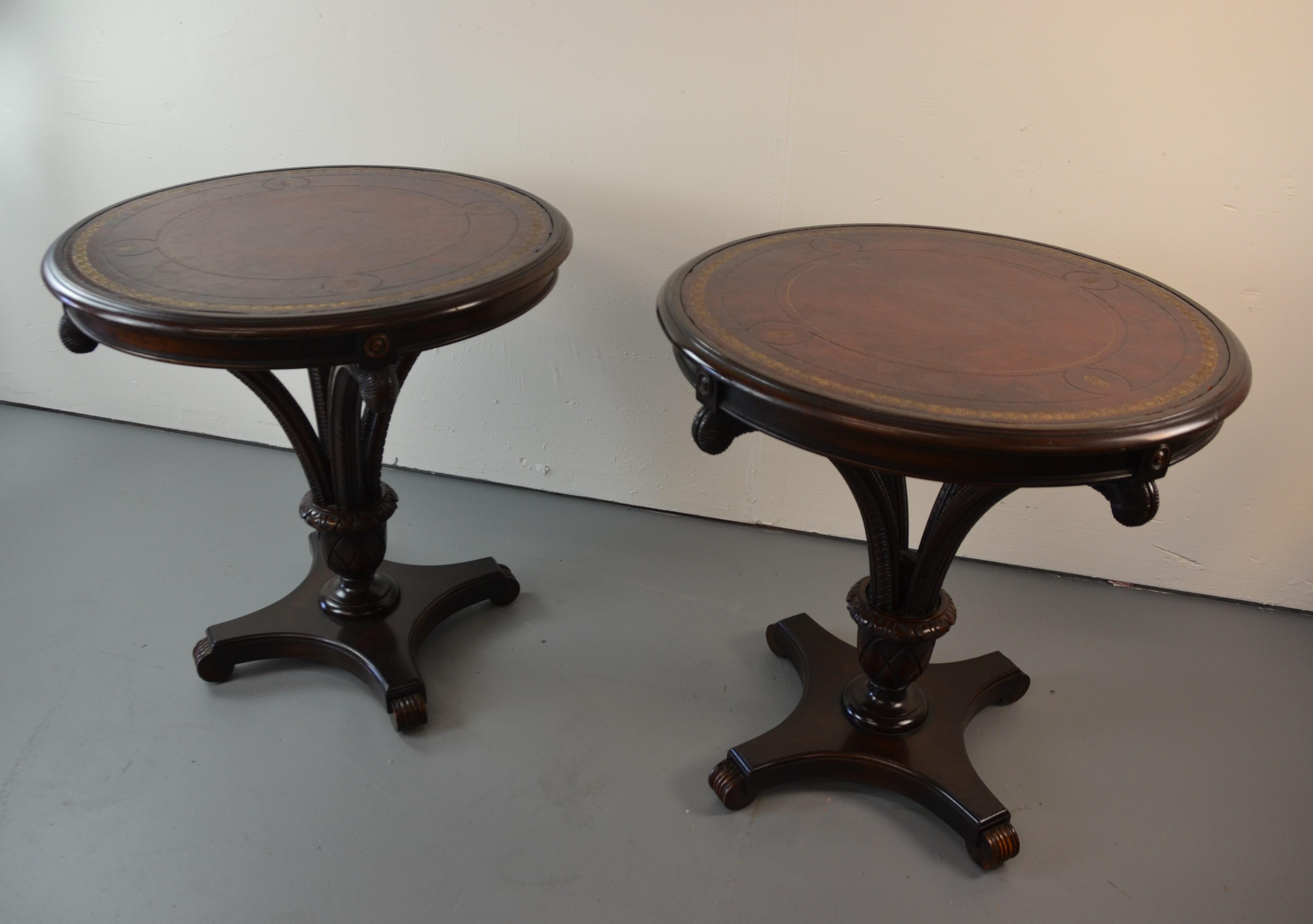 Pair of Hollywood Regency leather top, mahogany frame end table.