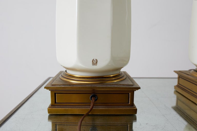 Hollywood Regency Lenox Porcelain and Brass Stiffel Lamps For Sale 5