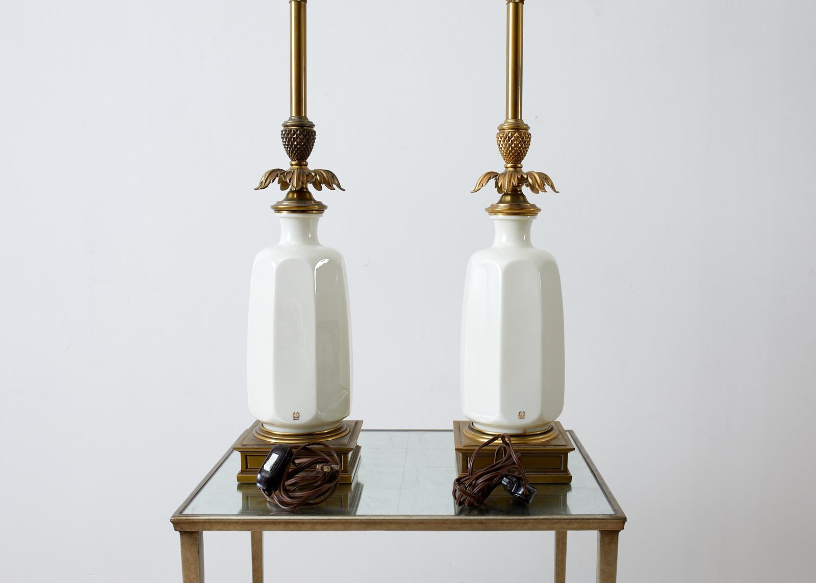 Hollywood Regency Lenox Porcelain and Brass Stiffel Lamps For Sale 5