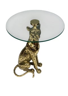 Hollywood Regency Leopard Side Table Bronze Deco Cat