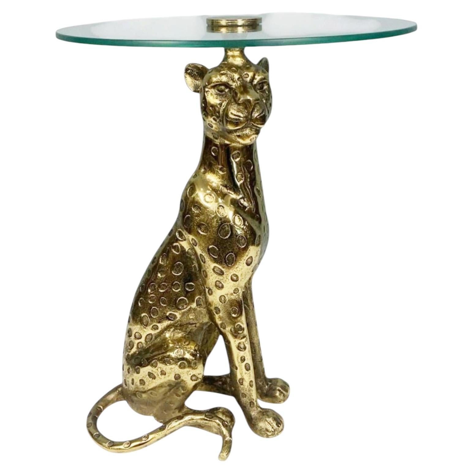 Tavolino Hollywood Regency con motivo leopardato e gatto in stile Art Déco color bronzo