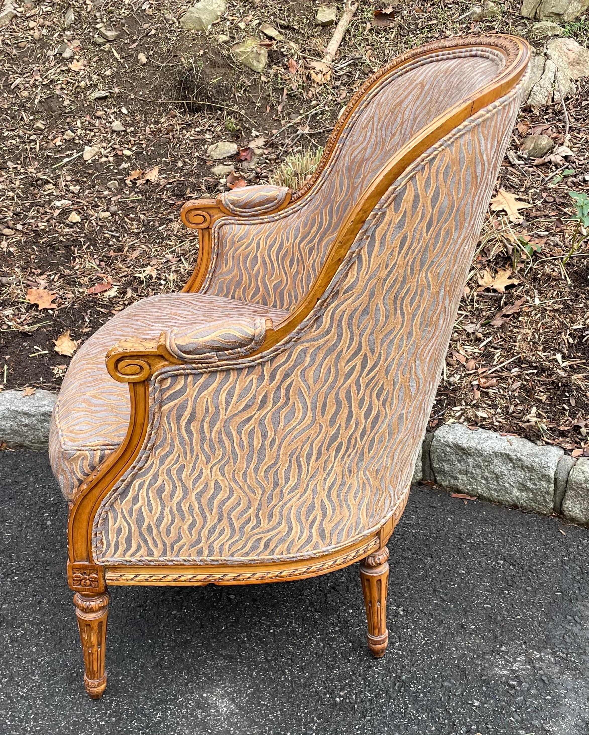 Wood Armchair Louis XV Style with Bronze Flame Pattern Fabric Hollywood Regency 
