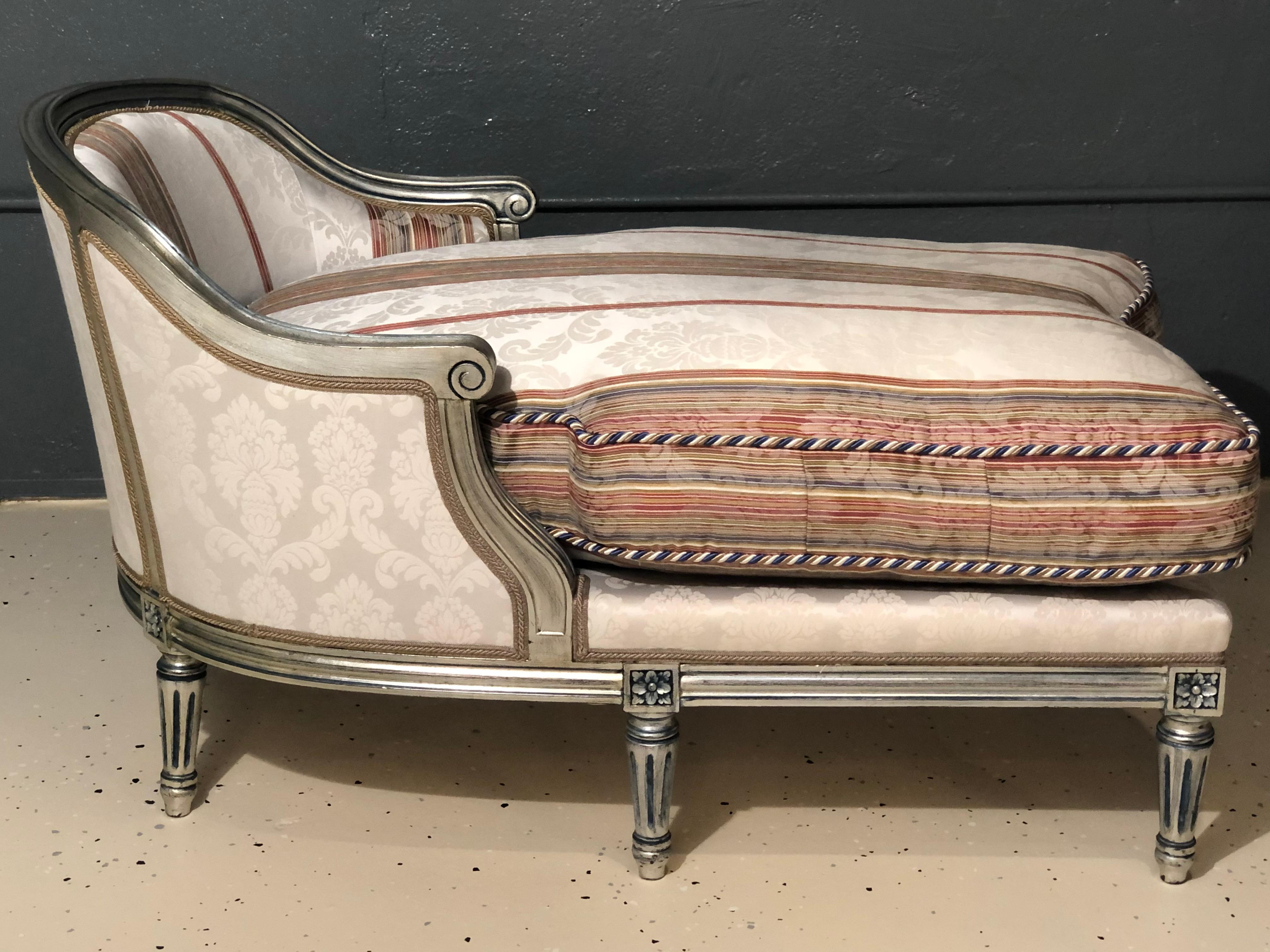 20th Century Jansen Inspired, Hollywood Regency, Chaise Louges, Painted Wood, Silver, 1950s For Sale