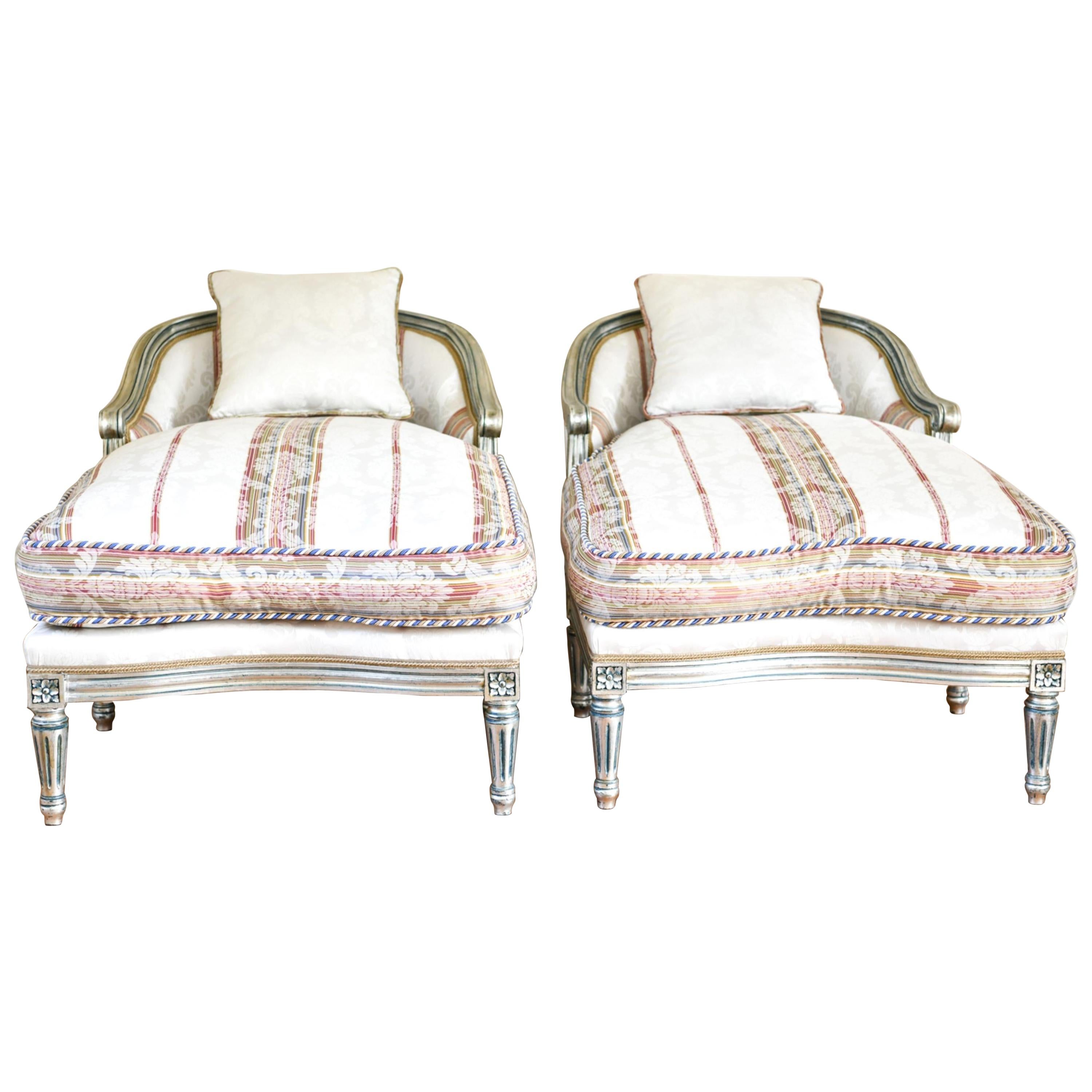 Jansen Inspired, Hollywood Regency, Chaise Louges, Painted Wood, Silver, 1950s For Sale