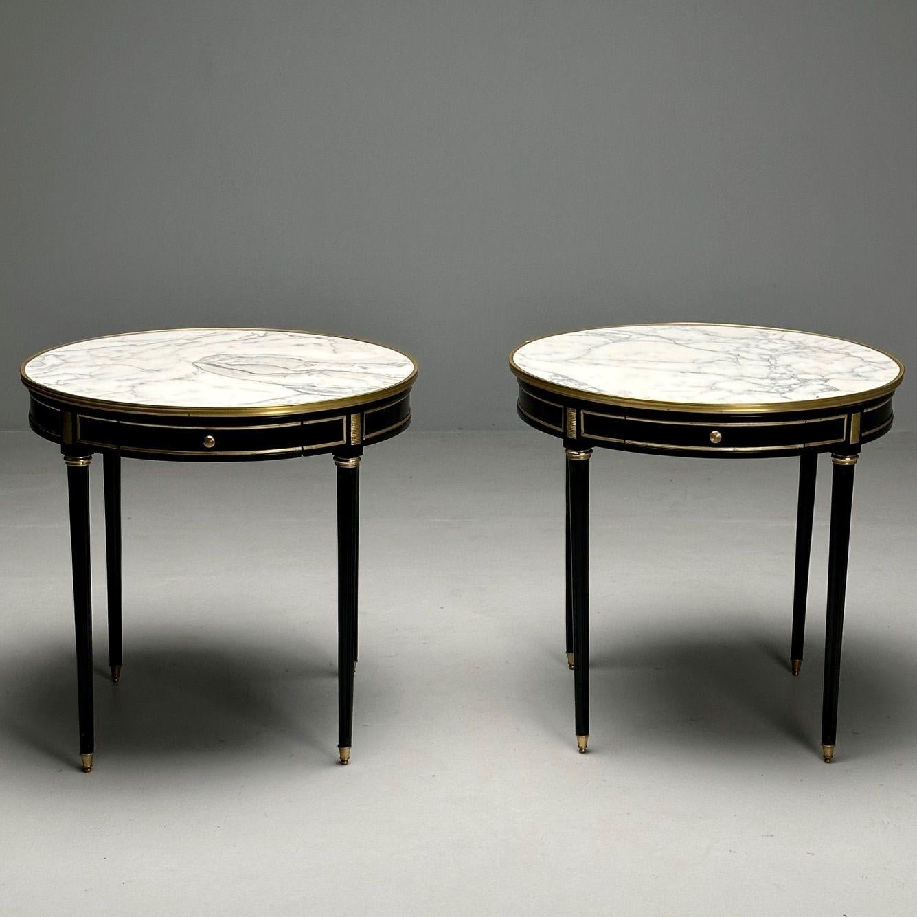 Hollywood Regency, Louis XVI Style, Bouiliotte End Tables, Black Paint, Bronze In Good Condition For Sale In Manhasset, NY