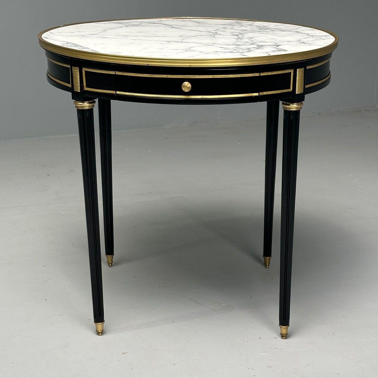 Late 20th Century Hollywood Regency, Louis XVI Style, Bouiliotte End Tables, Black Paint, Bronze For Sale
