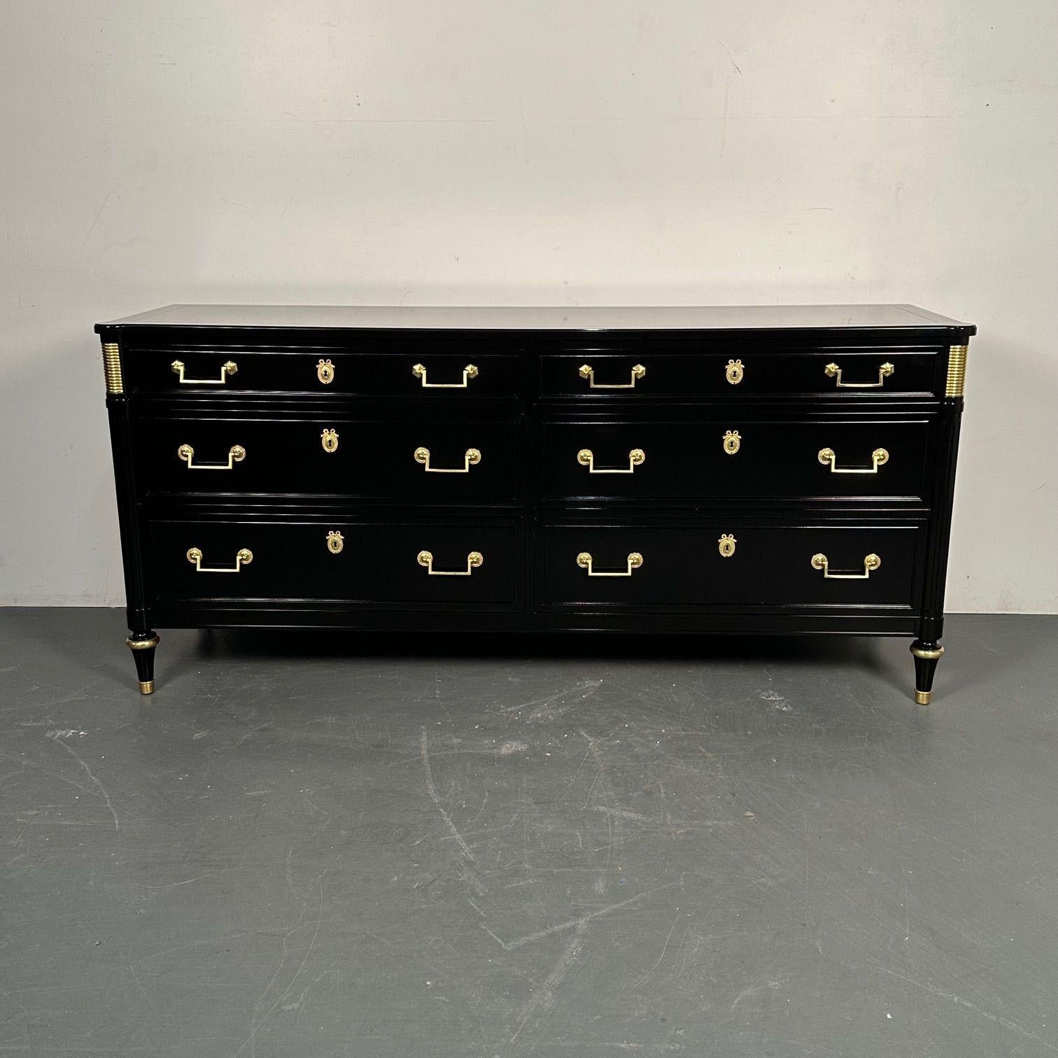 Hollywood Regency Louis XVI Style Dresser / Sideboard, Black Lacquer, Directoire

Directoire style dresser or sideboard having been fully refninished in a high gloss ebony lacquer. This piece having 6 drawers with square brass drawer pulls and louis