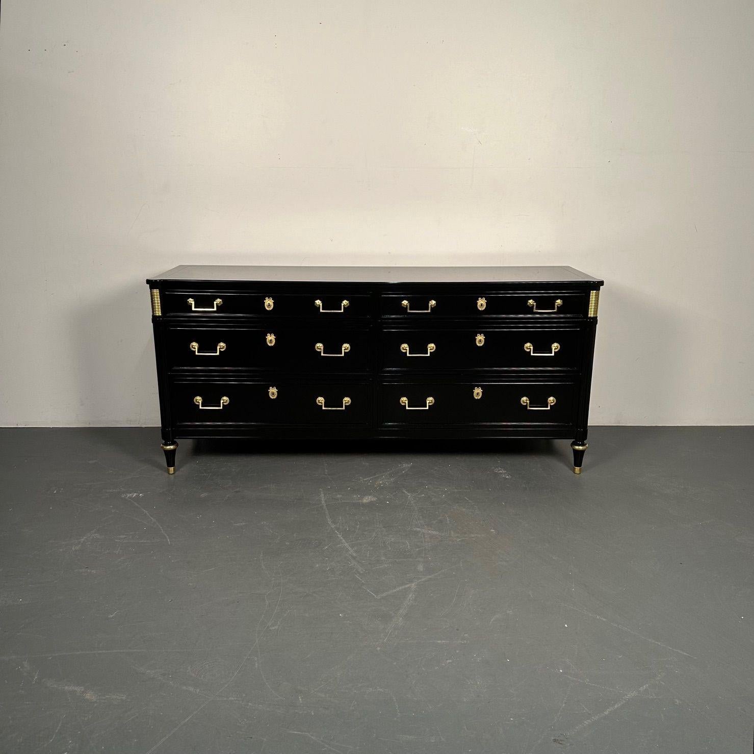 Hollywood Regency Louis XVI Style Dresser / Sideboard, Black Lacquer, Directoire In Good Condition In Manhasset, NY
