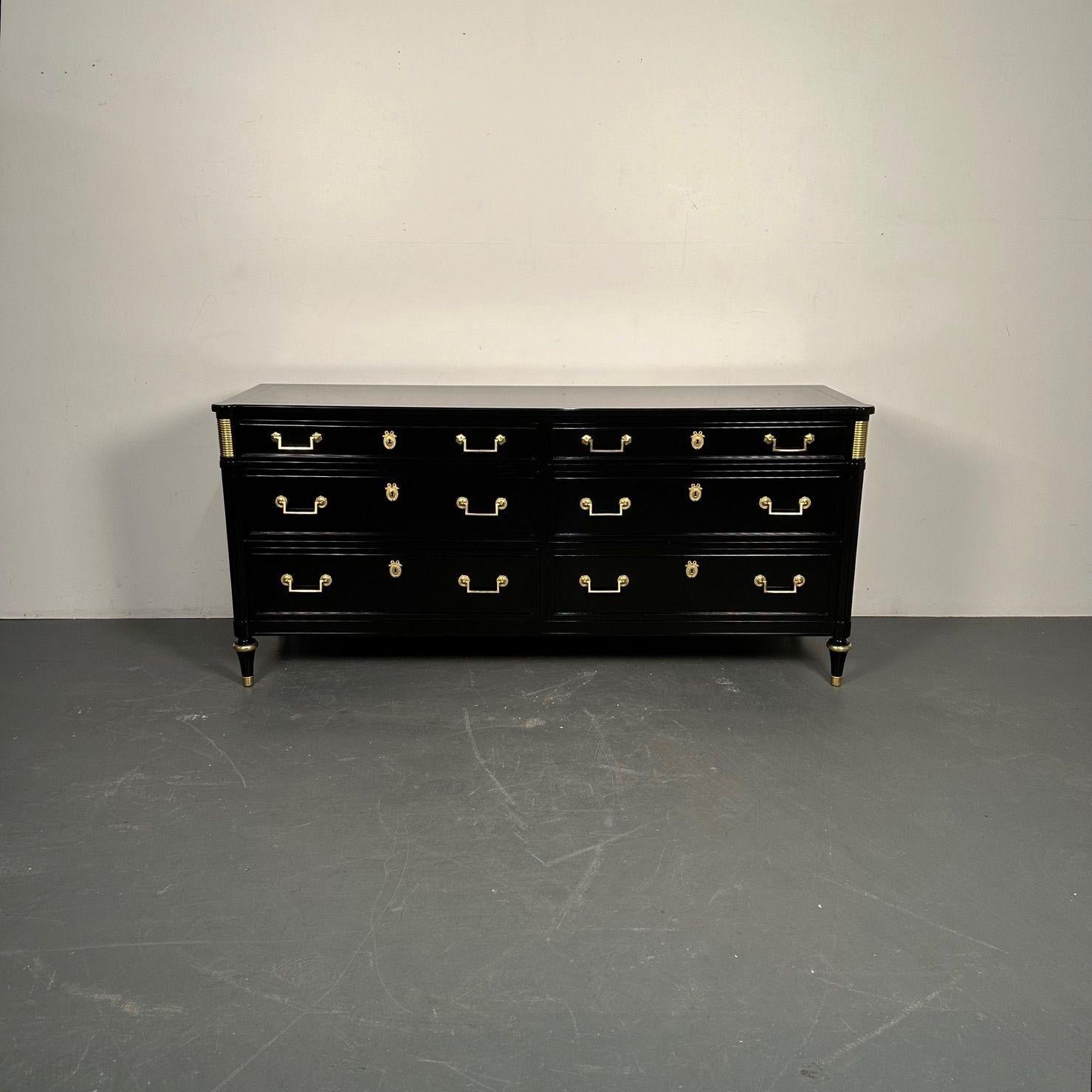 Hollywood Regency Louis XVI Style Dresser / Sideboard, Black Lacquer, Directoire In Good Condition For Sale In Stamford, CT