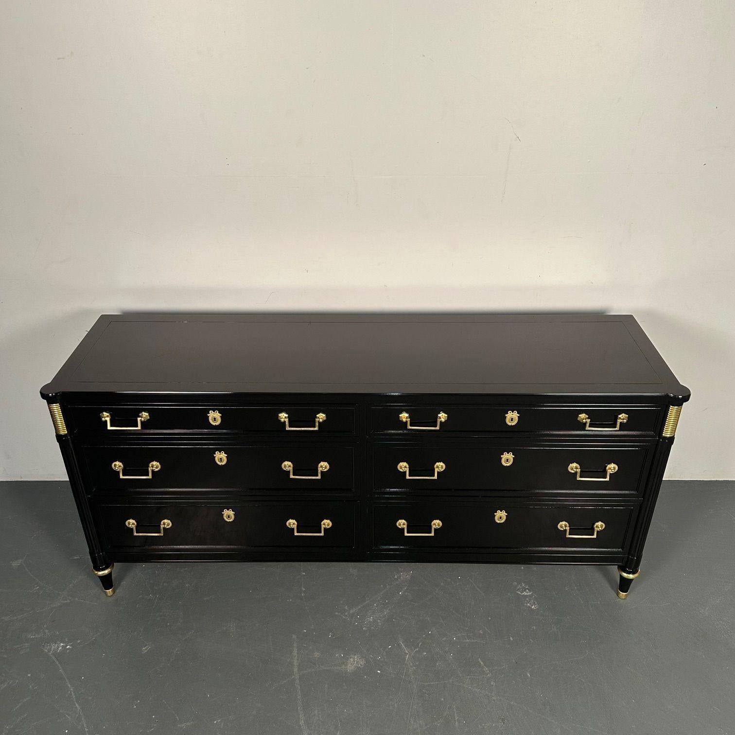 Late 20th Century Hollywood Regency Louis XVI Style Dresser / Sideboard, Black Lacquer, Directoire For Sale