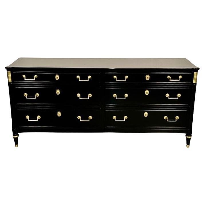 Hollywood Regency Louis XVI Style Dresser / Sideboard, Black Lacquer, Directoire For Sale