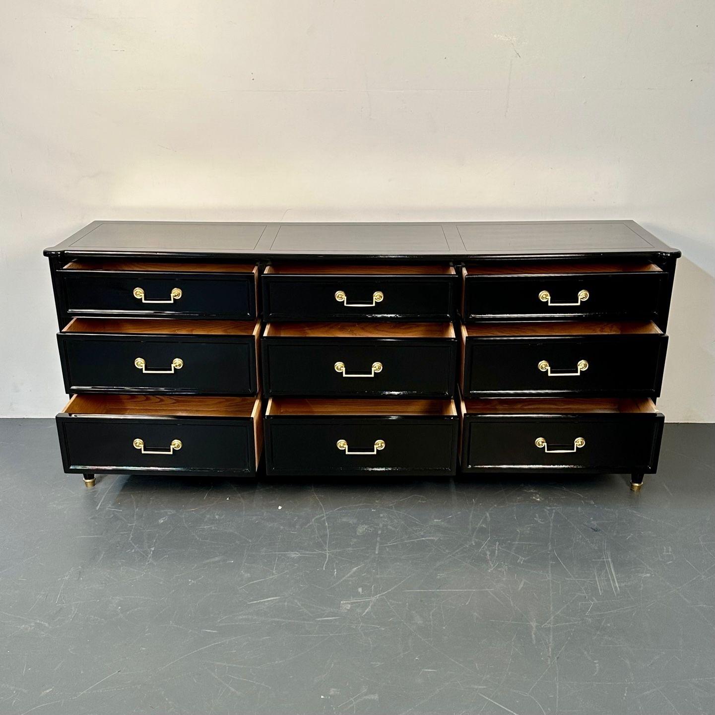 Wood Hollywood Regency Louis XVI Style Ebony Lacquered Dresser / Chest of Drawers For Sale