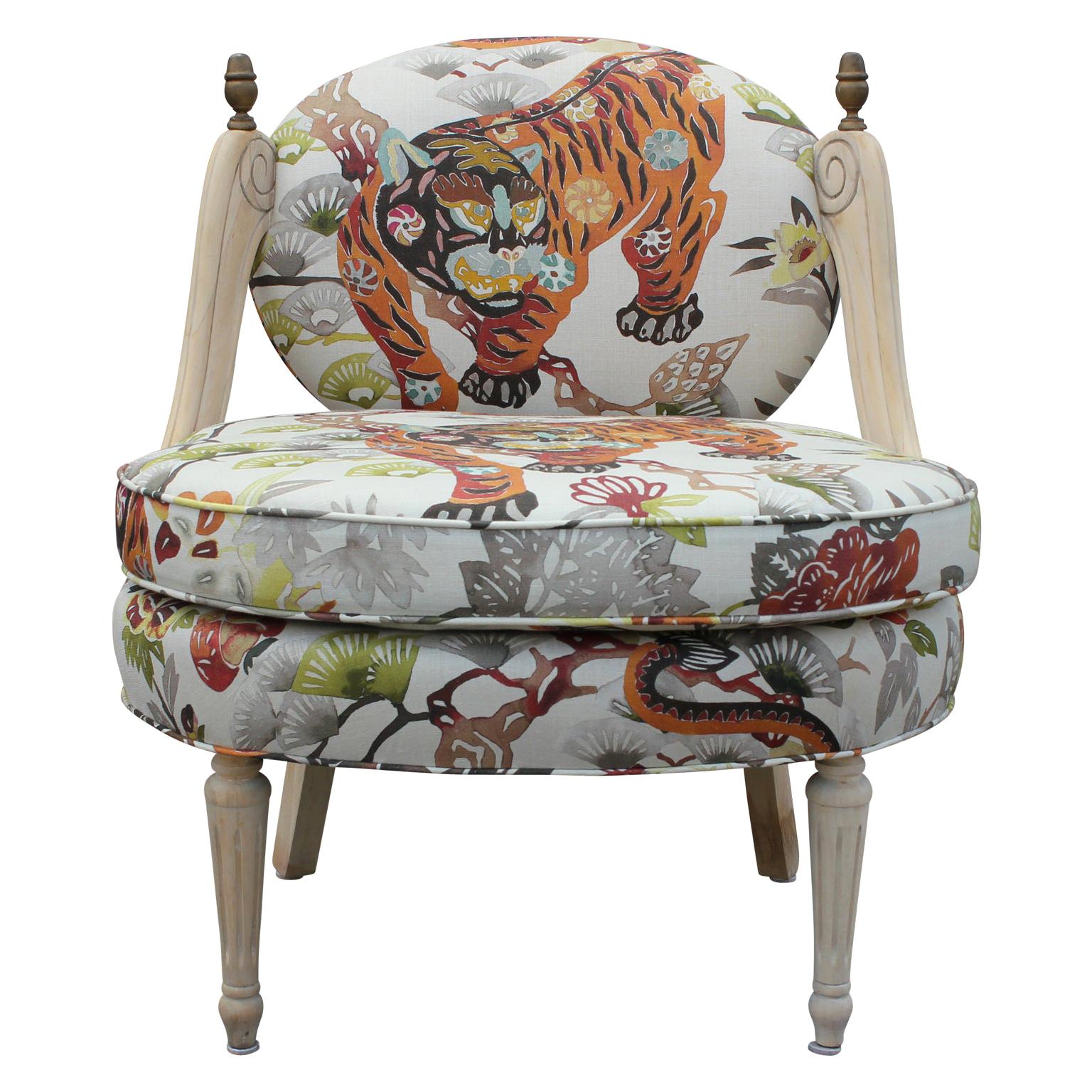 Hollywood Regency Lounge Chair with Natural Wood and Tiger Print Fabric