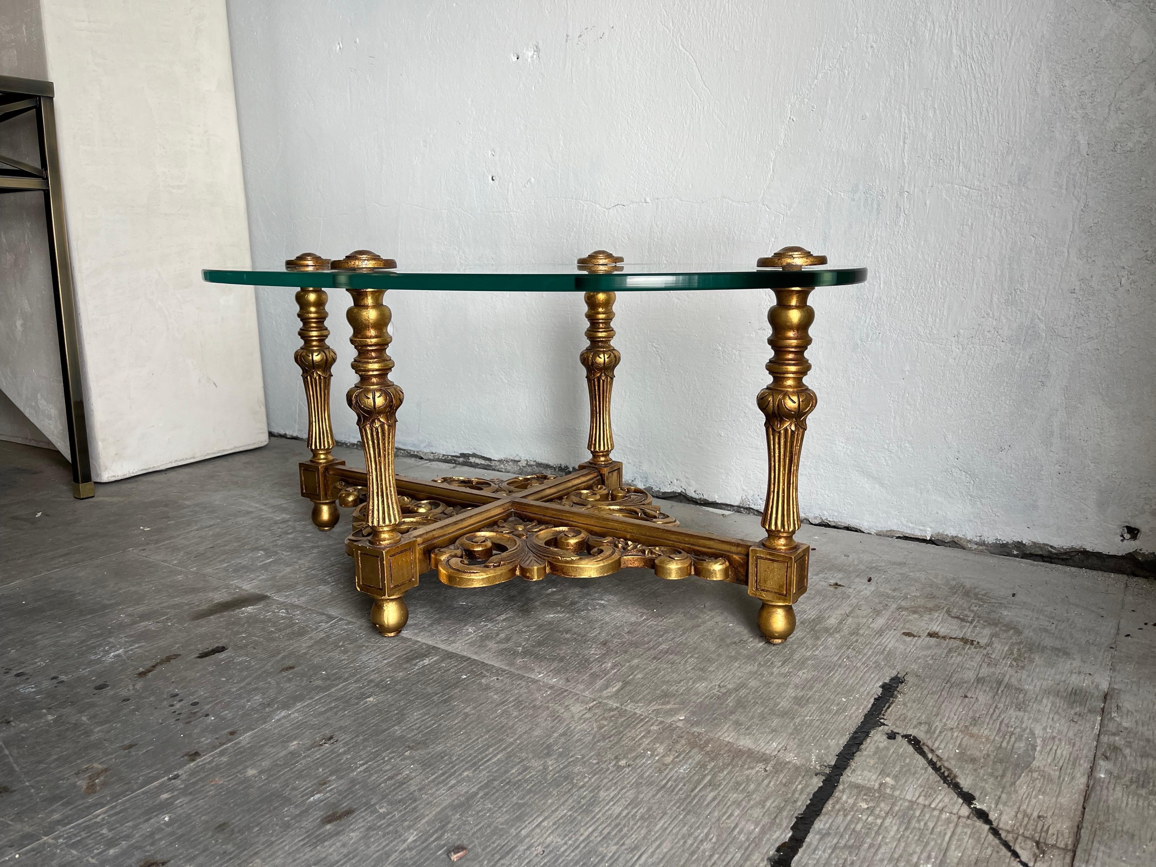 Hollywood Regency Low Glass Side Table Scroll Giltwood  In Good Condition For Sale In W Allenhurst, NJ