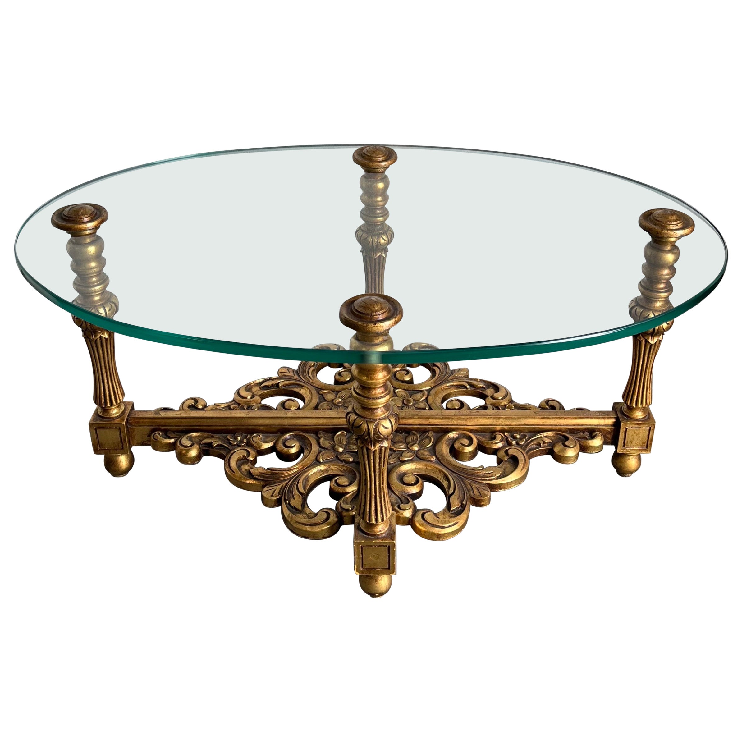Hollywood Regency Low Glass Side Table Scroll Giltwood