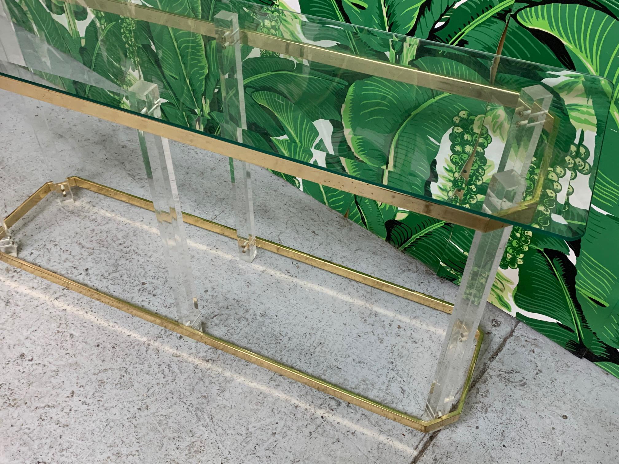 Hollywood Regency Lucite and Brass Console Table by Charles Hollis Jones In Good Condition In Jacksonville, FL