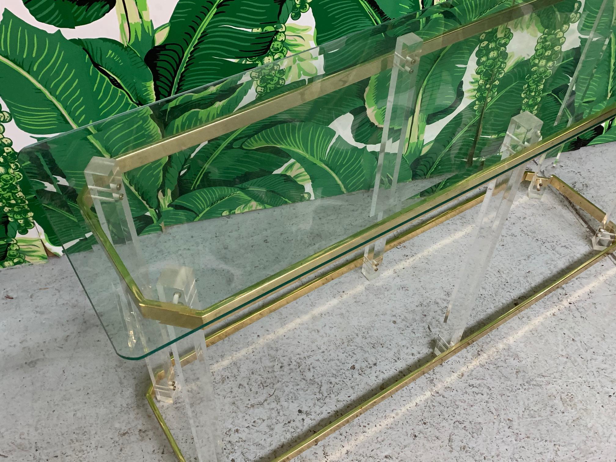 Hollywood Regency Lucite and Brass Console Table by Charles Hollis Jones In Good Condition For Sale In Jacksonville, FL
