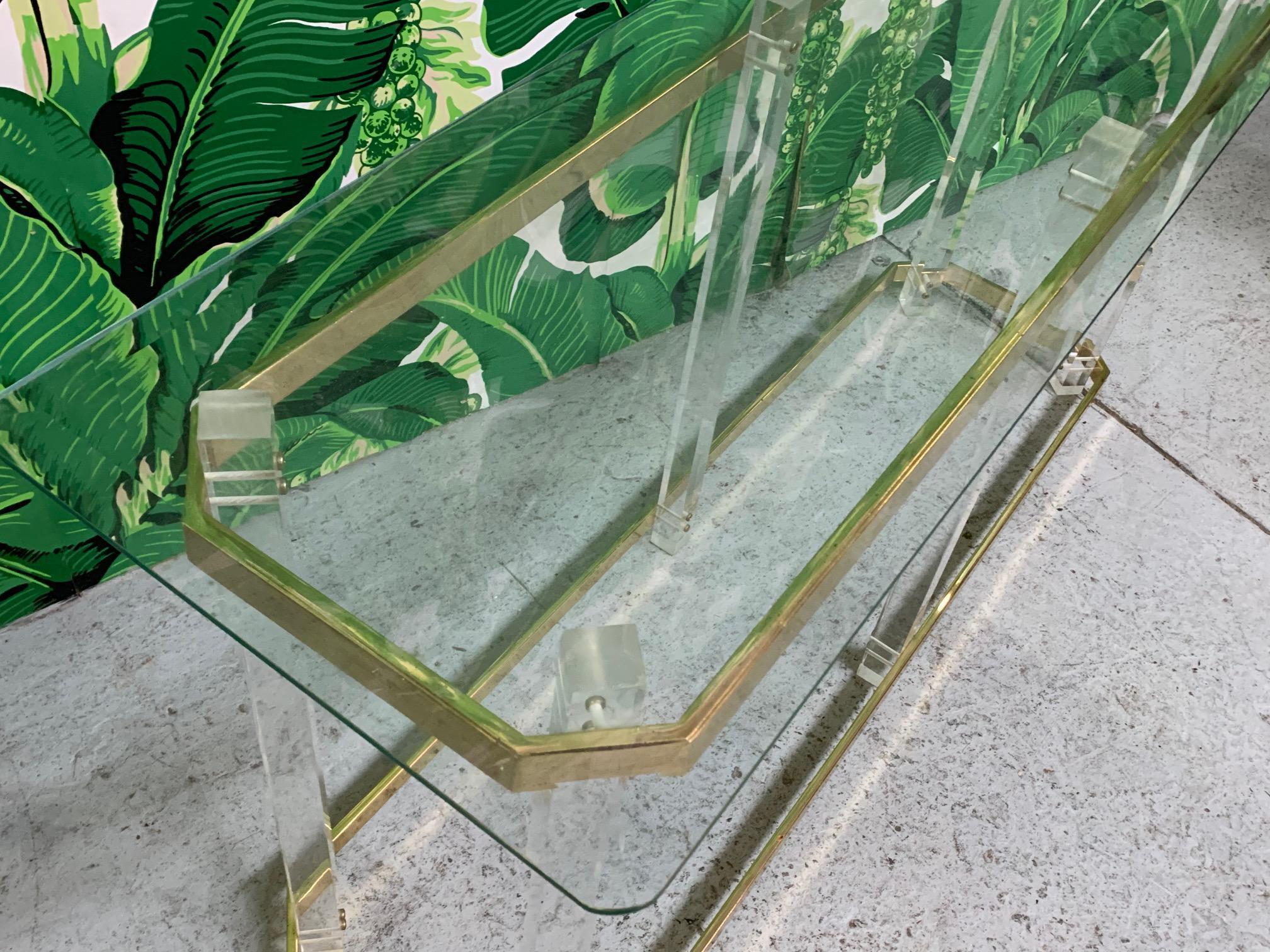 Hollywood Regency Lucite and Brass Console Table by Charles Hollis Jones In Good Condition For Sale In Jacksonville, FL