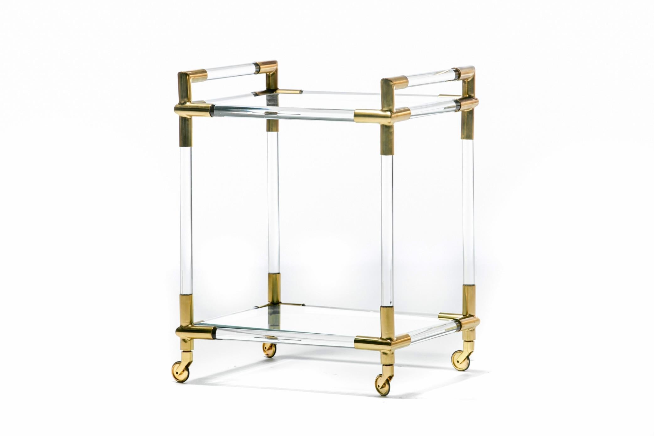 Tempered Hollywood Regency Lucite and Brass Rolling Bar Cart 1970s For Sale