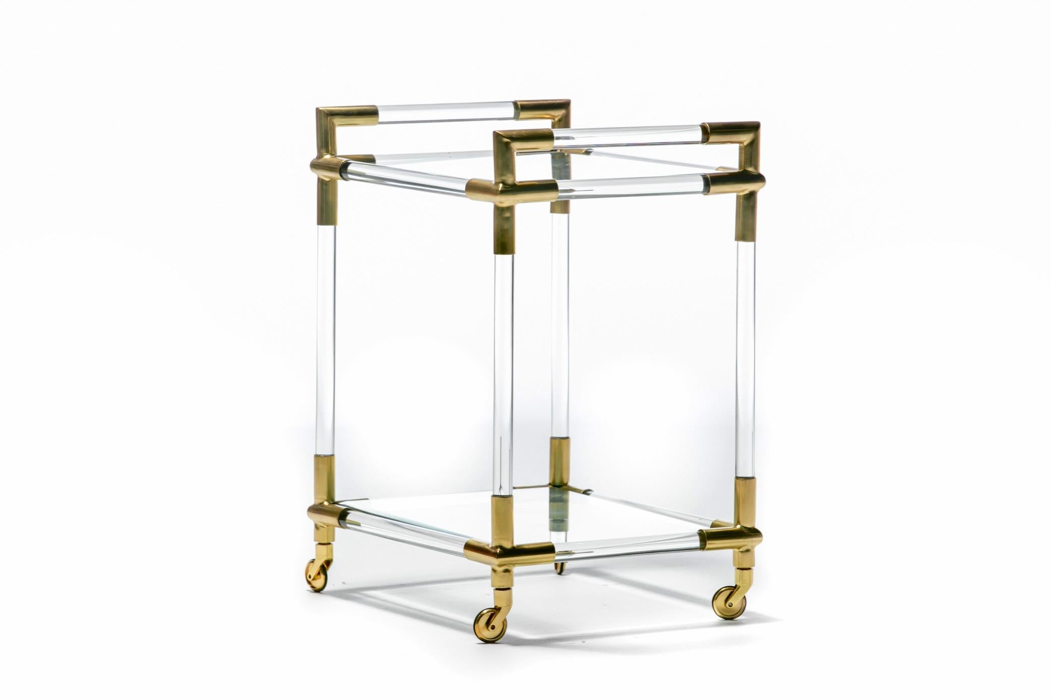 Late 20th Century Hollywood Regency Lucite and Brass Rolling Bar Cart 1970s For Sale