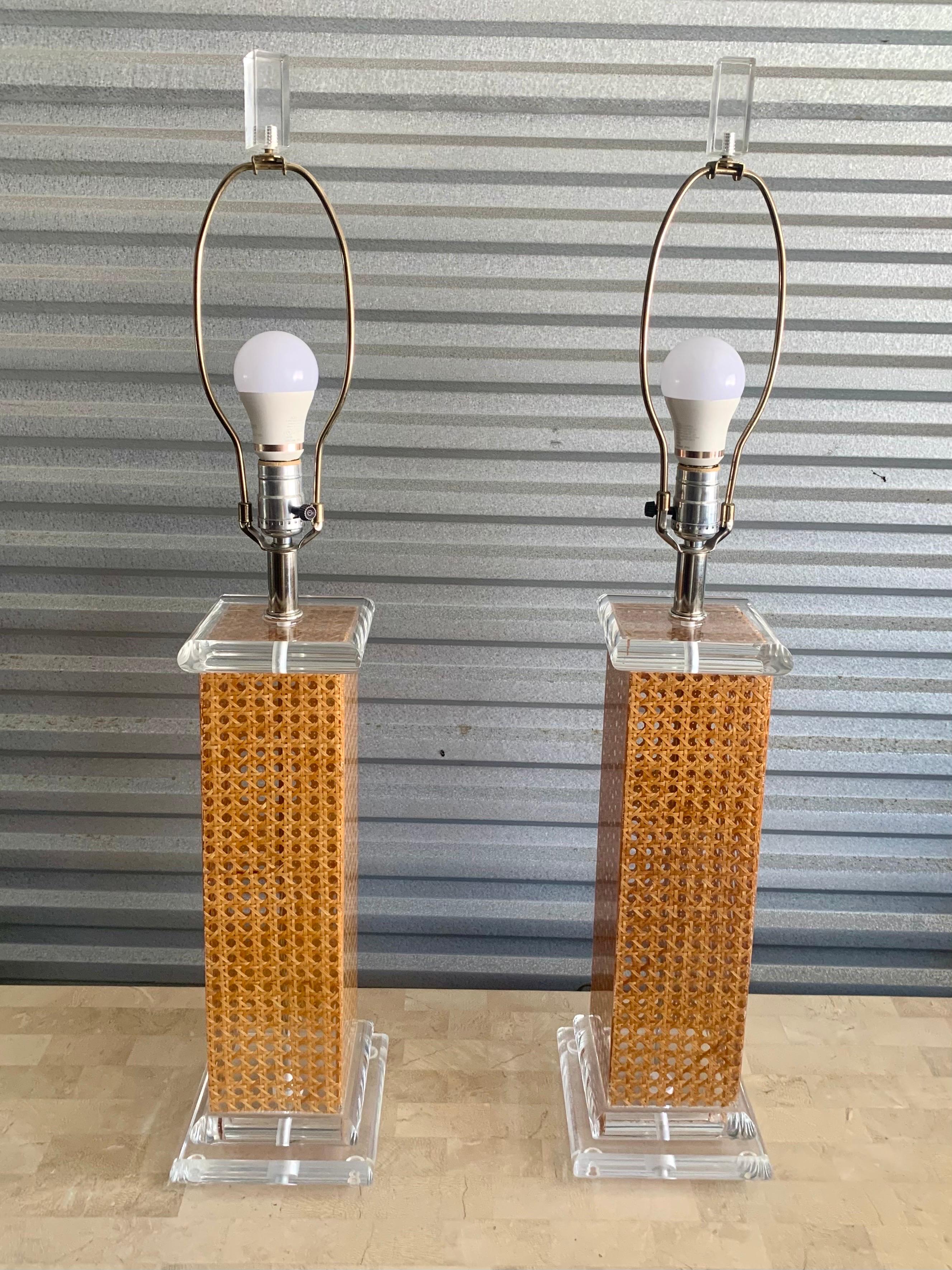 Unknown Hollywood Regency Lucite and Cane Table Lamps, Circa 1970s For Sale