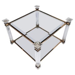 Hollywood Regency Lucite and Gilt Glazed Two Tier Square Cocktail Table 1970s