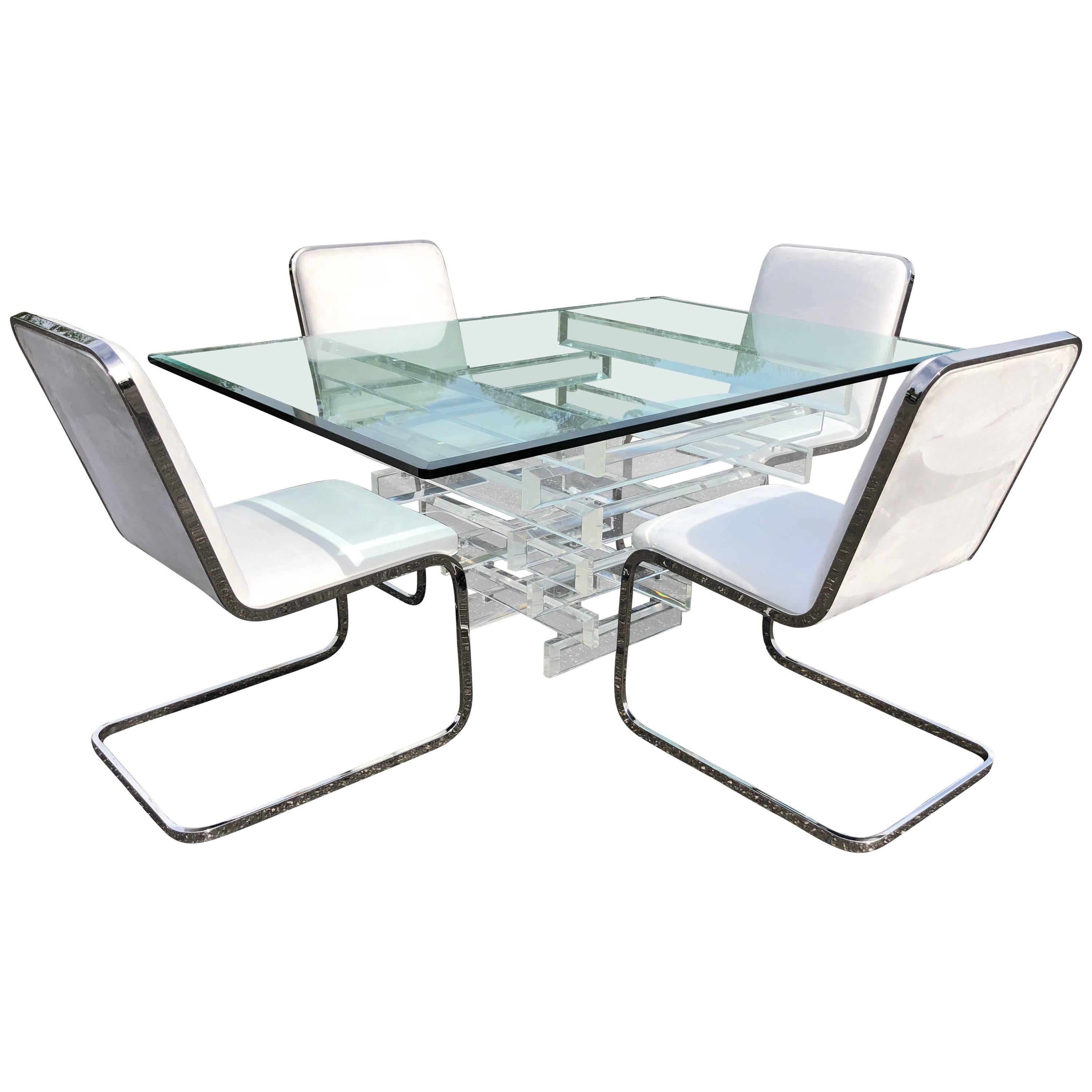 Hollywood Regency Lucite and Glass Dining Table with Four Chrome Chairs