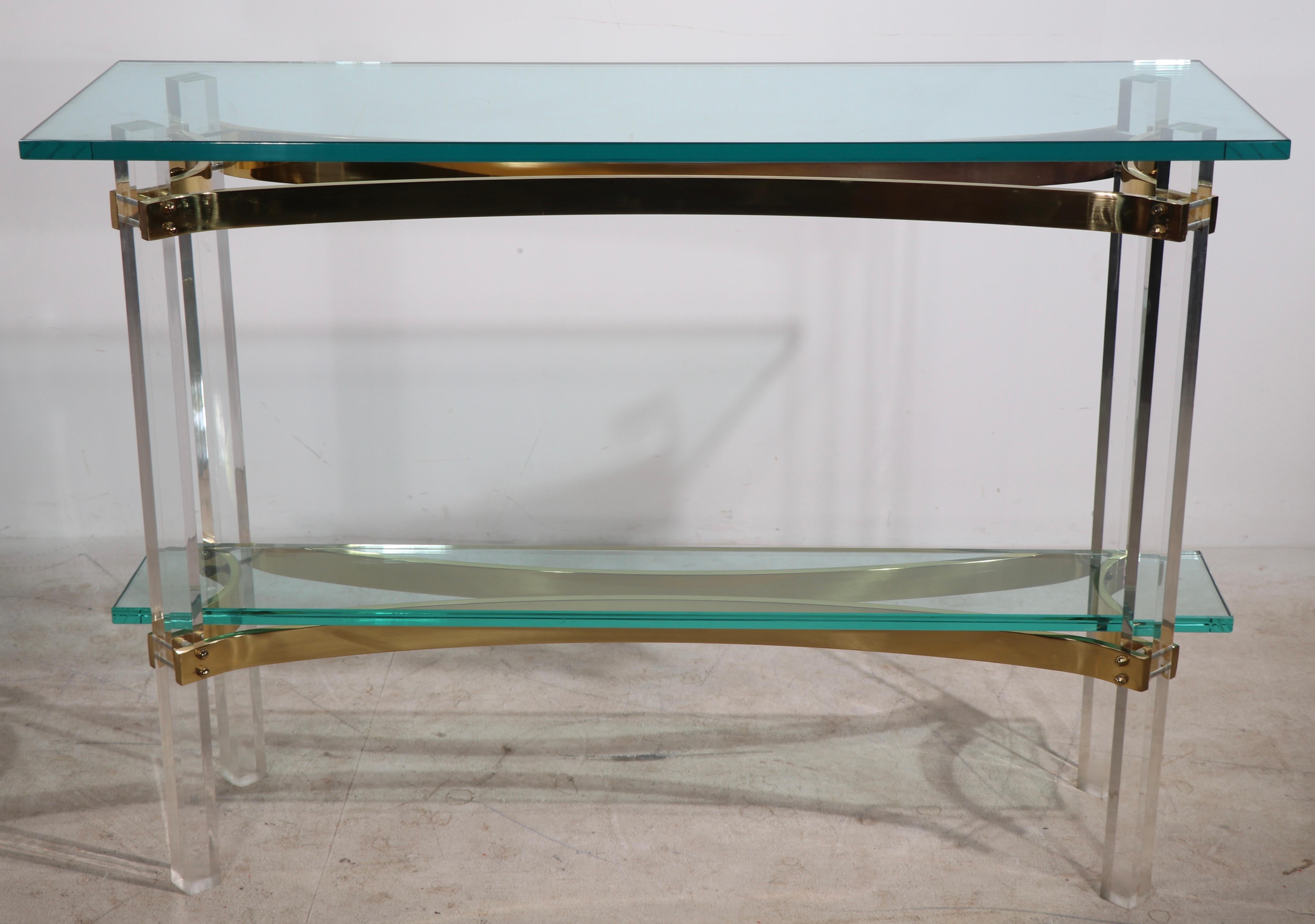 American Hollywood Regency Lucite Brass and Glass Console Table Att. Charles Hollis Jones For Sale