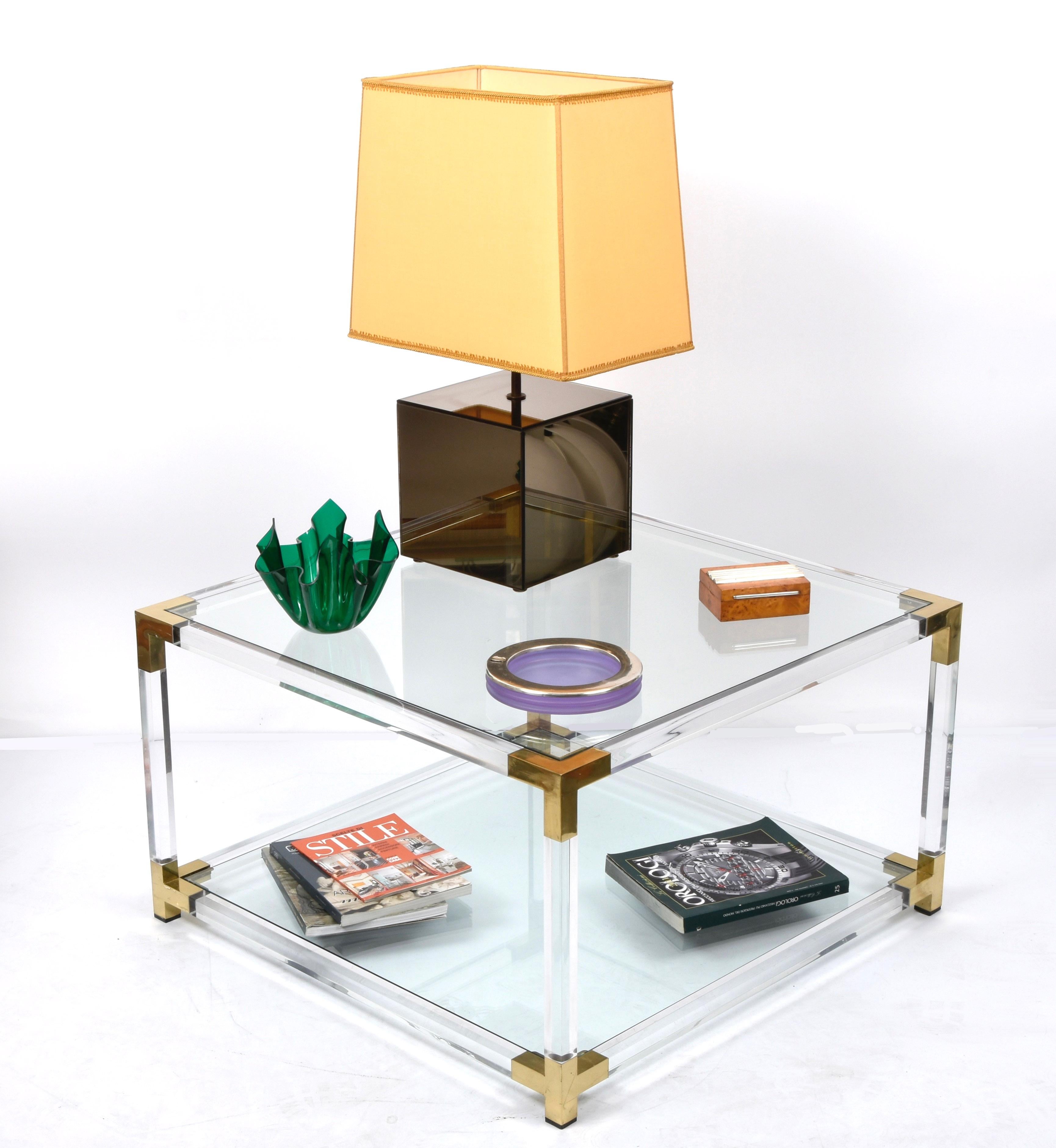 Hollywood Regency Lucite, Brass and Glass Italian Square Cocktail Table, 1970s For Sale 4